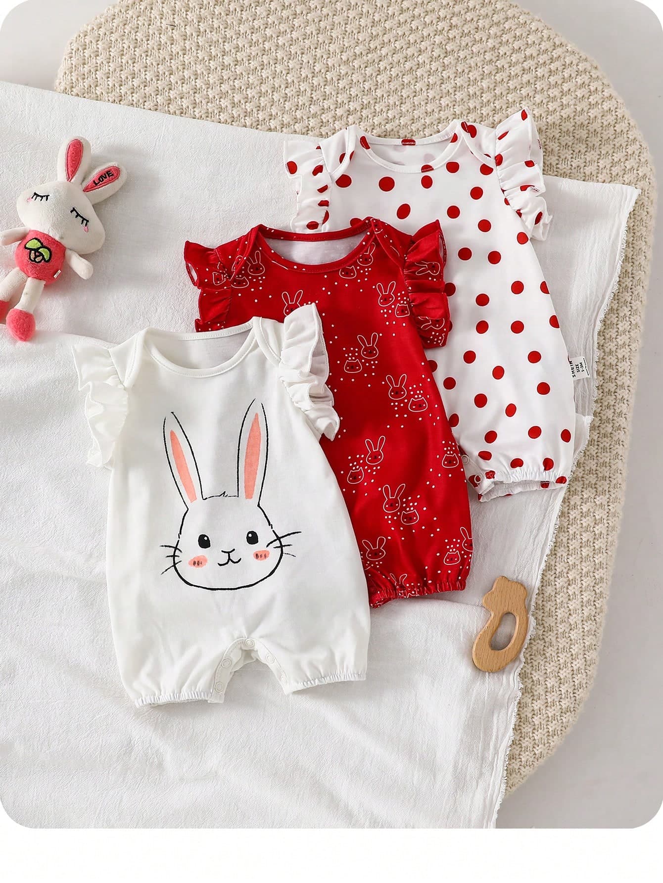 SHEIN 3pcs/Set Newborn Baby Girl Cute Cartoon Pattern Knitted Romper Set, Summer