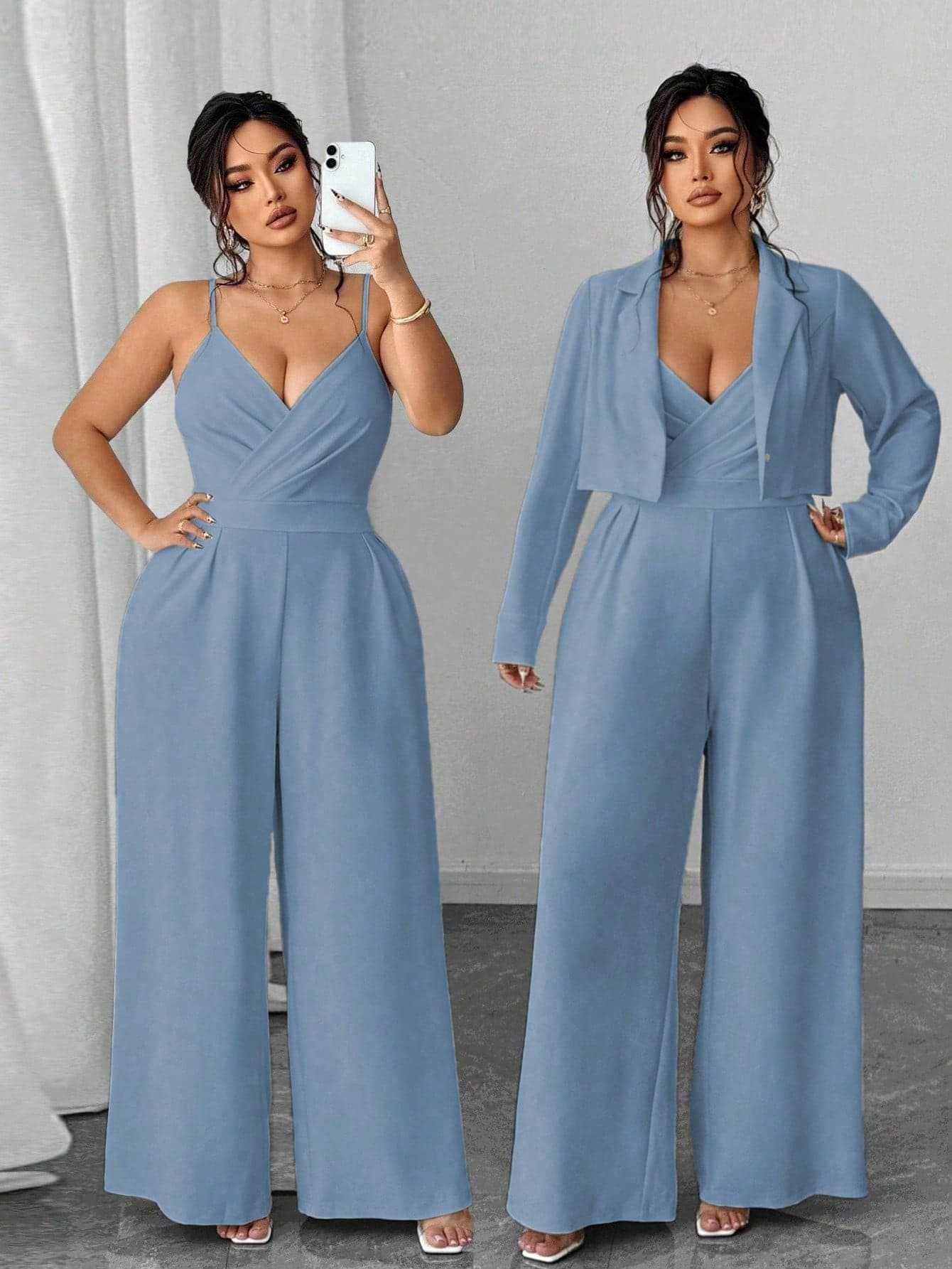 Elenzga Plus Size Women Elegant Minimalist Business Commute Blazer Jacket And Sleeveless Cinched Waist Wide Leg Jumpsuit 2 Pieces Set Light Blue Baby Blue Fall