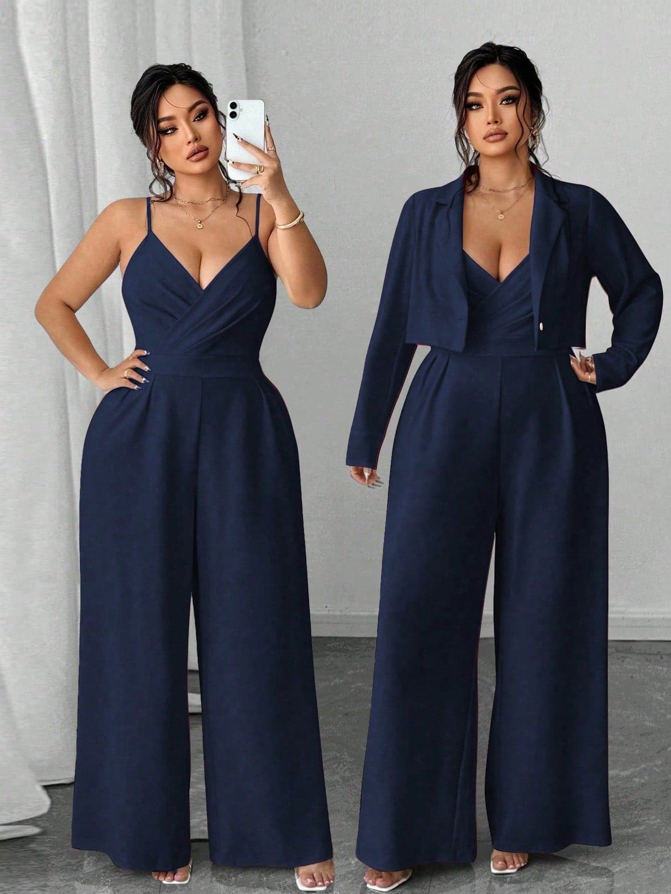 Elenzga Plus Size Women Elegant Minimalist Business Commute Blazer Jacket And Sleeveless Cinched Waist Wide Leg Jumpsuit 2 Pieces Set Navy Blue Royal Blue