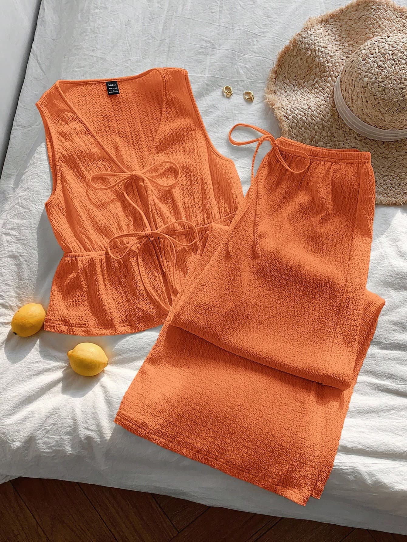 Comfortcana Women's Orange Textured Knit Tie Front Camisole And Pants Set, Casual Resort Wear For Spring/Summer Two Piece Summer Sets Lounge Linen Comfortable