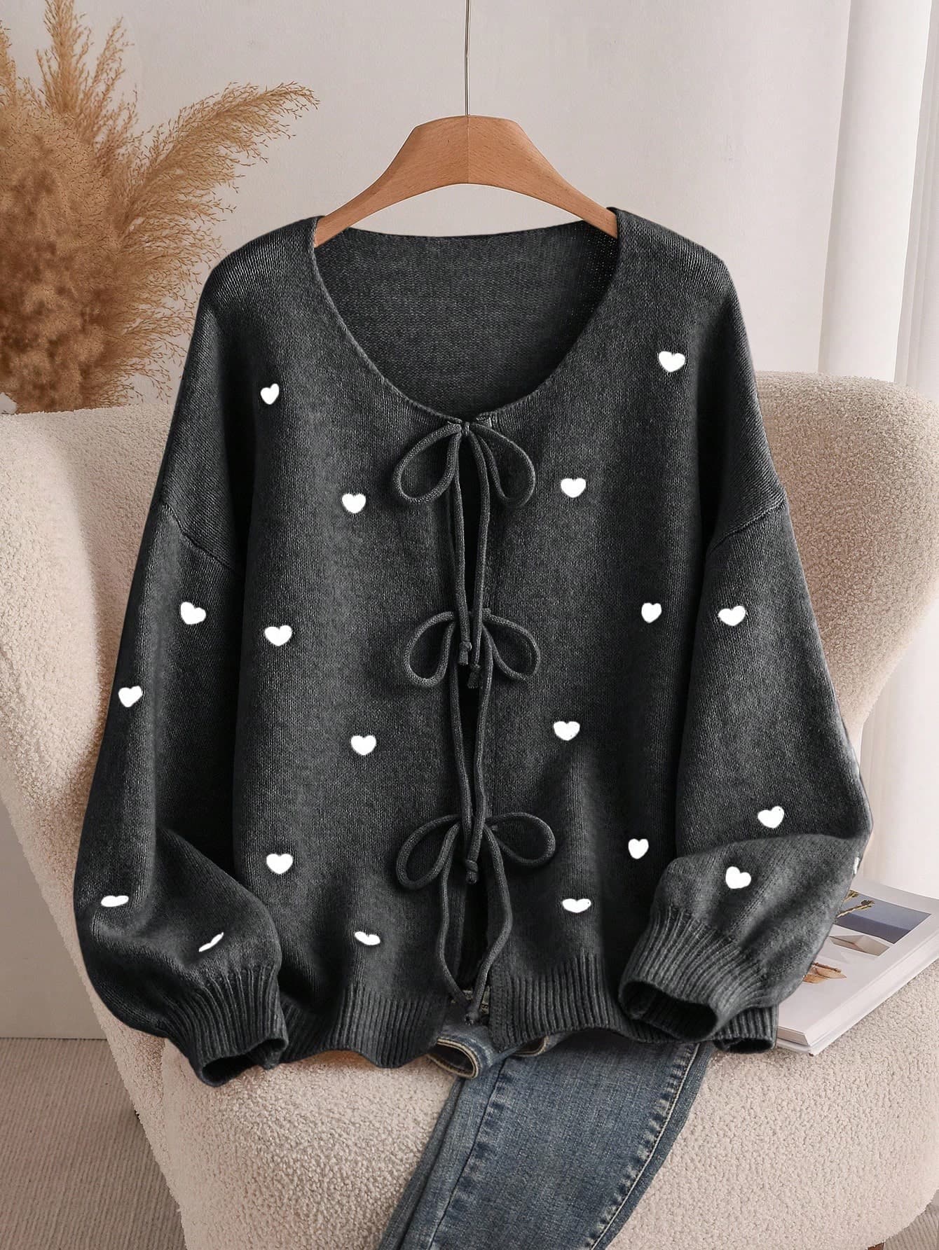 CosyJoli Plus Size Women's Heart Shaped Cardigan Sweater,French Elegant Tie Front Autumn Outerwear,Cute White Curve Everyday Fall Clothes For Women