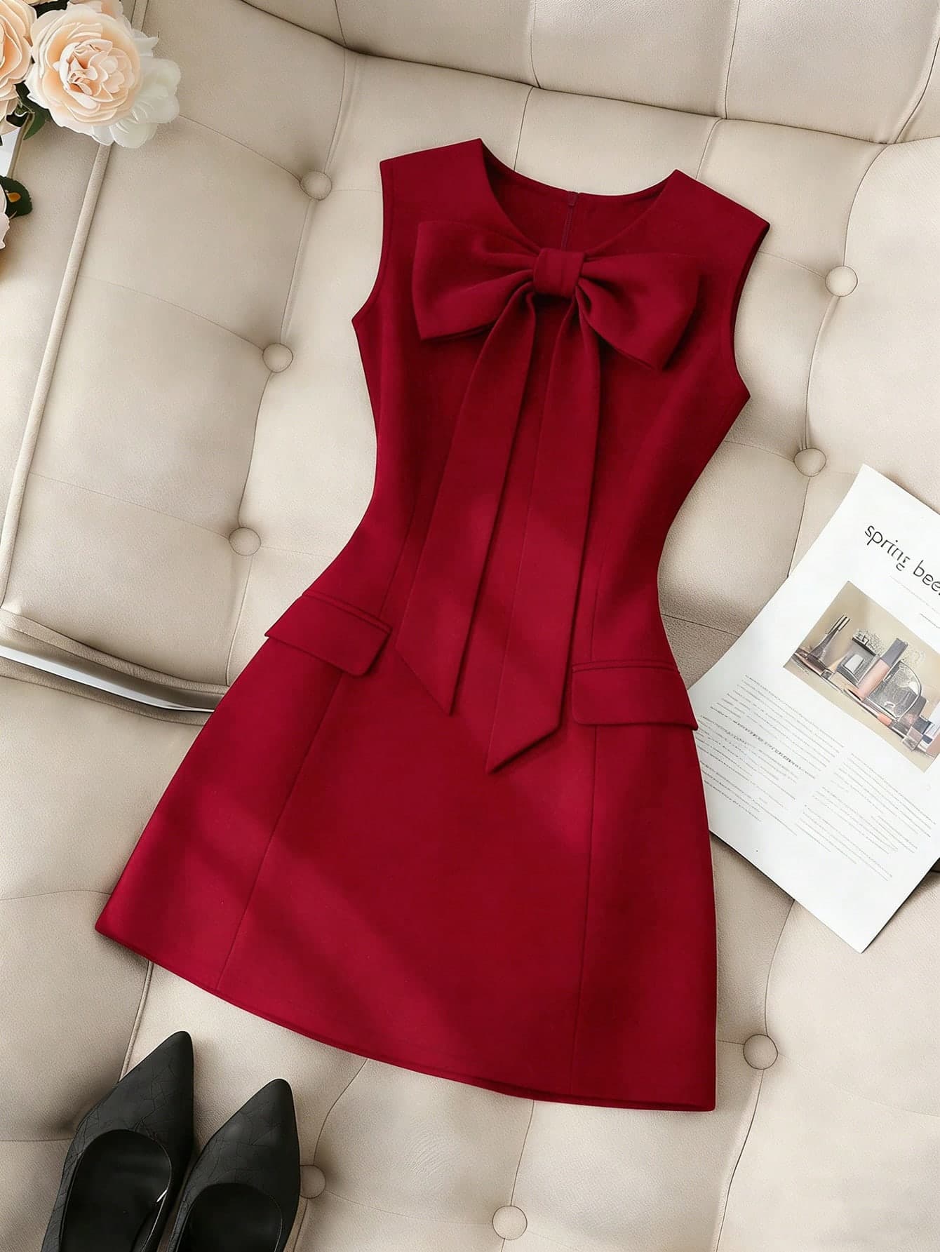 SHEIN Franclia Women's Dark Red Elegant Summer Party Dress,Round Neck Sleeveless Fitted Mini Dress With Front Bow,Valentine's Day Wedding Guest Bridesmaid Outfits