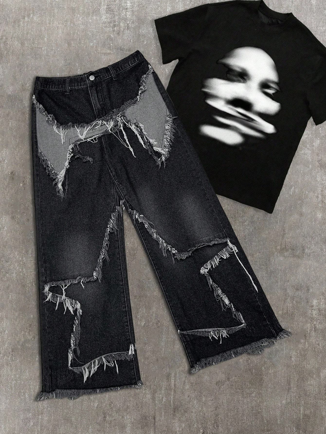 SHEIN Teen Boy Casual Cool Y2K Fashion Star Patchwork Fringe Low-Waisted Baggy Wide Leg Denim Jeans With Raw Hem And Slanted Pocket For Teen Boy Boys Soft Dailywear And Teen Boy Summer And Spring Rave Festival And Beach Fall Back To School Old Money Style Streetwear Punk Winter