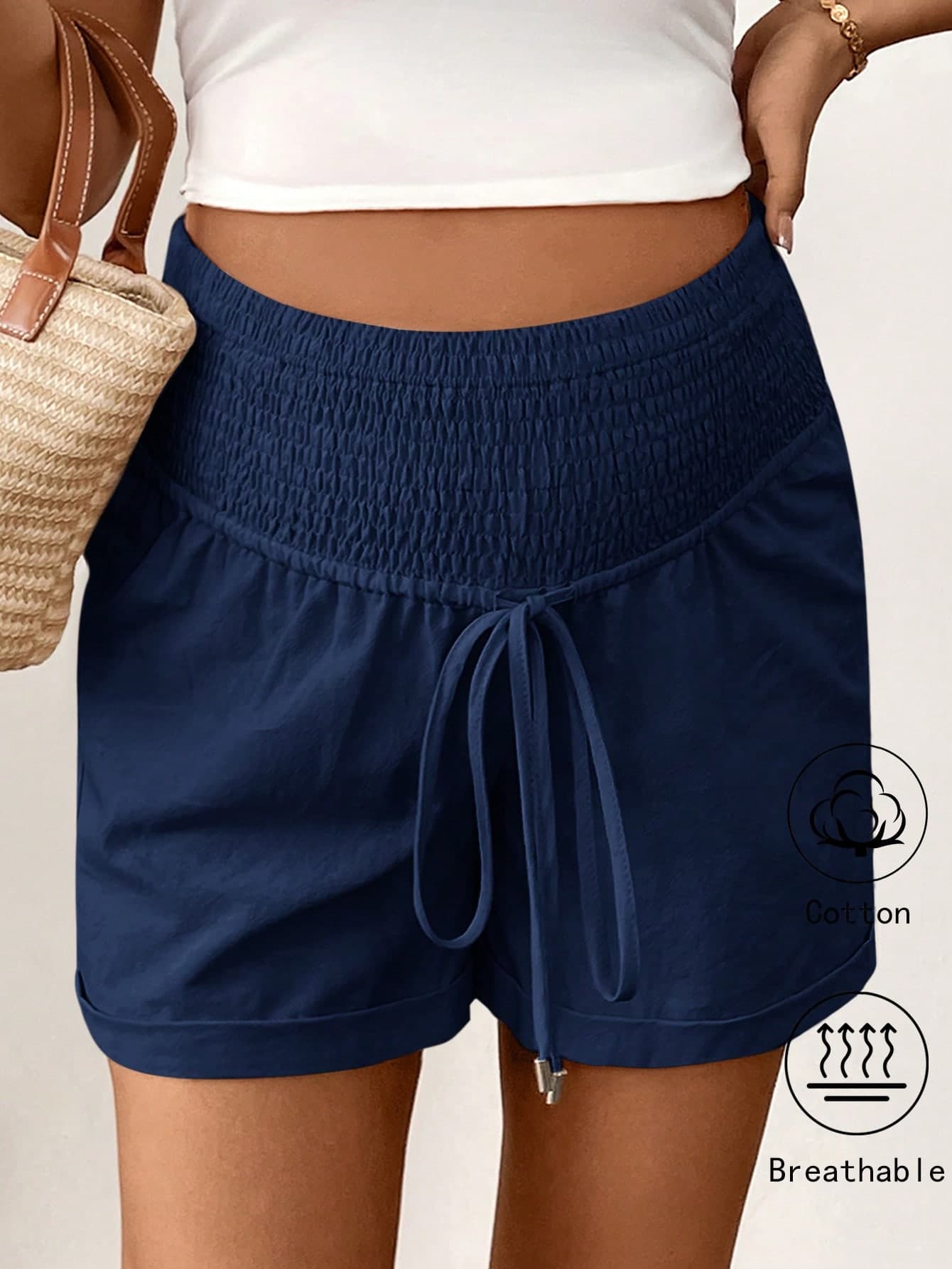 SHEIN Maternity Navy Blue Linen Cotton Loose Shorts,Pregnant Women's Casual Drawstring High Waist Sommar Comfy Beach Shorts,Going Home From Hospital