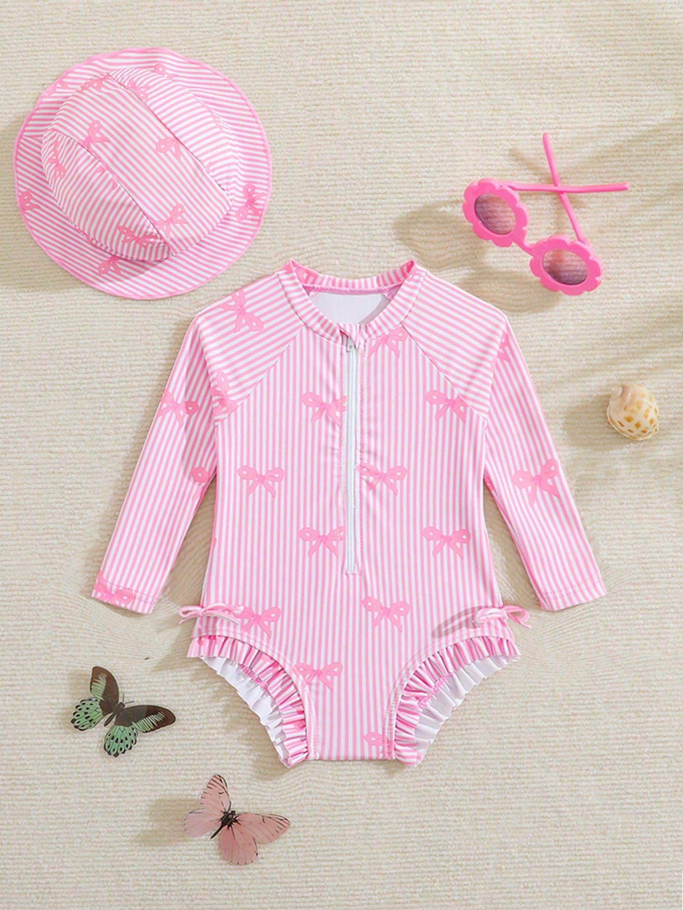 Souflis Souflis Newborn Baby Girls' One-Piece Long Sleeve Pink Striped Bow Print Swimsuit With Hat 2pcs Set,Cute Summer Holiday Pool Party Black Pink Rash Guard