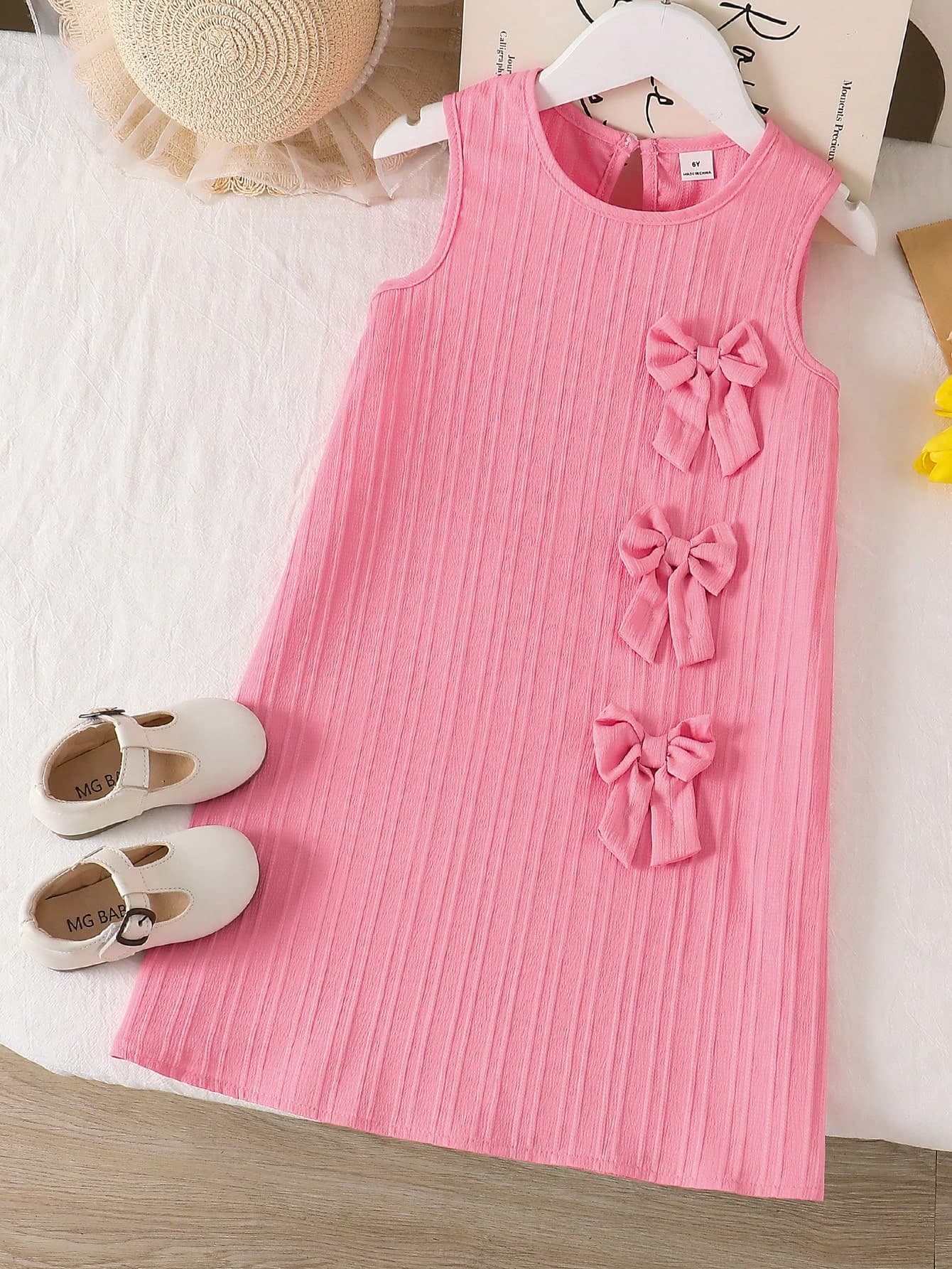 Elladie kids Young Girls Sleeveless Textured Fabric Mid-Length Casual Dress,Front Bowknot Decor,Elegant Kids Pink Dress,Cerise Pink,Summer,Fairy,Birthday,Toddler