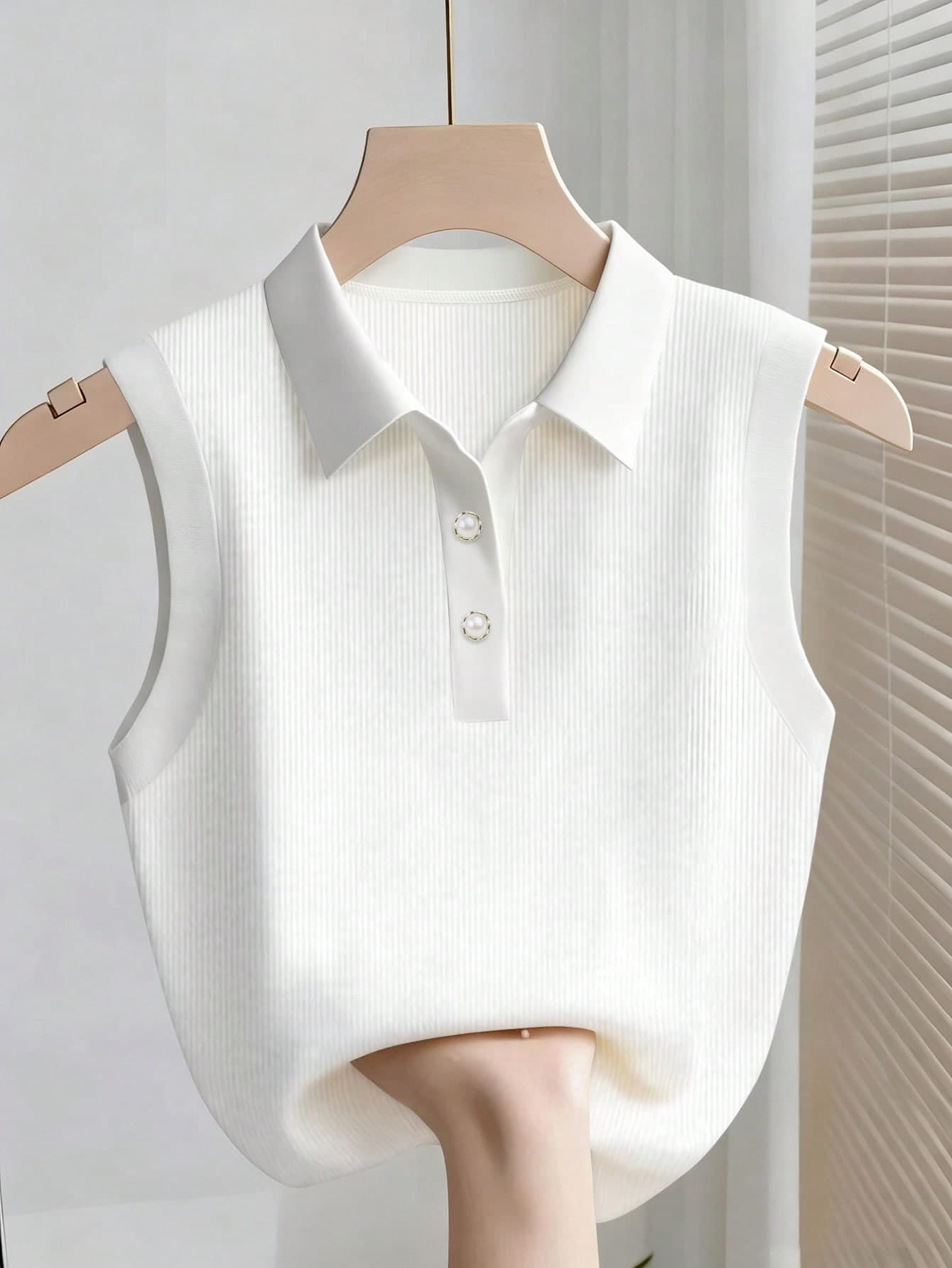 Franclia Women's Fashionable Elegant Polo Collar Casual Ribbed Tank Top
