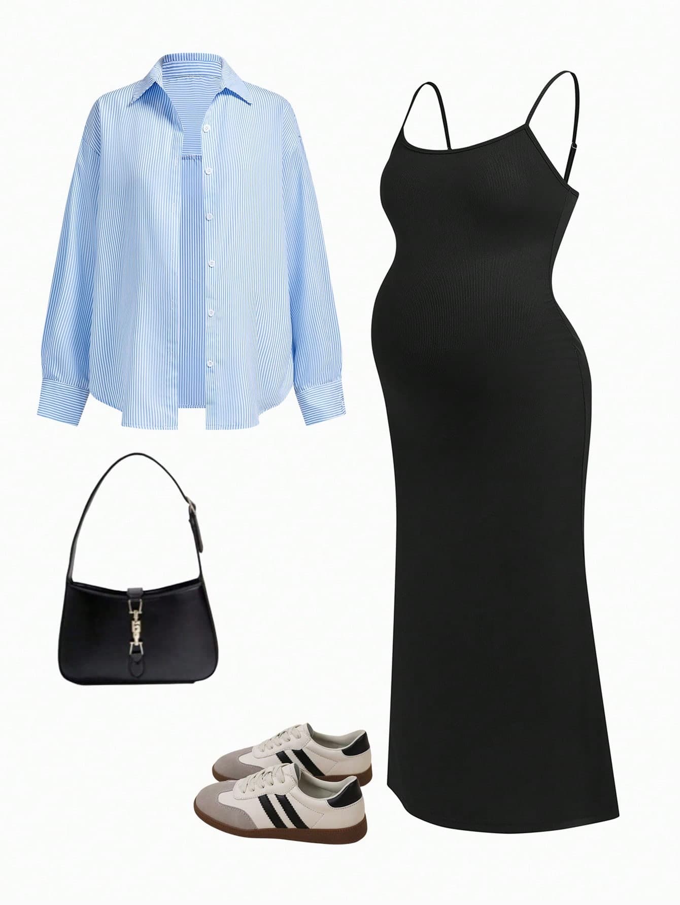 Modmama 2pcs/Set Maternity Striped Drop Shoulder Blouse And Fish Tail Strap Casual Dress Fall