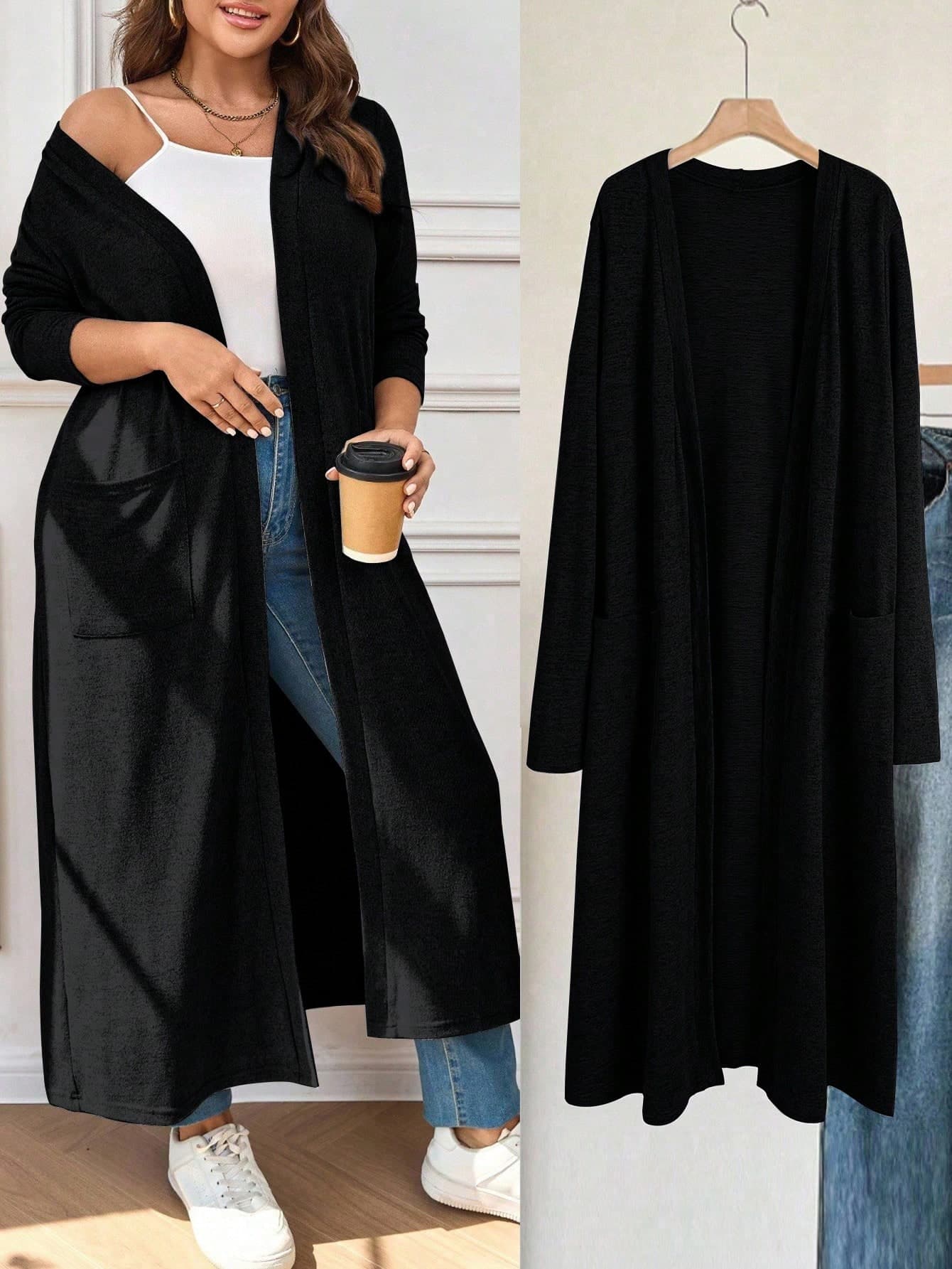 EMERY ROSE Plus Size Black Autumn Casual Airport Coat,Women's Elegant Loose Solid Long Sleeve Vintage Coat With Pockets,Back To School Teacher Spring Minimalist