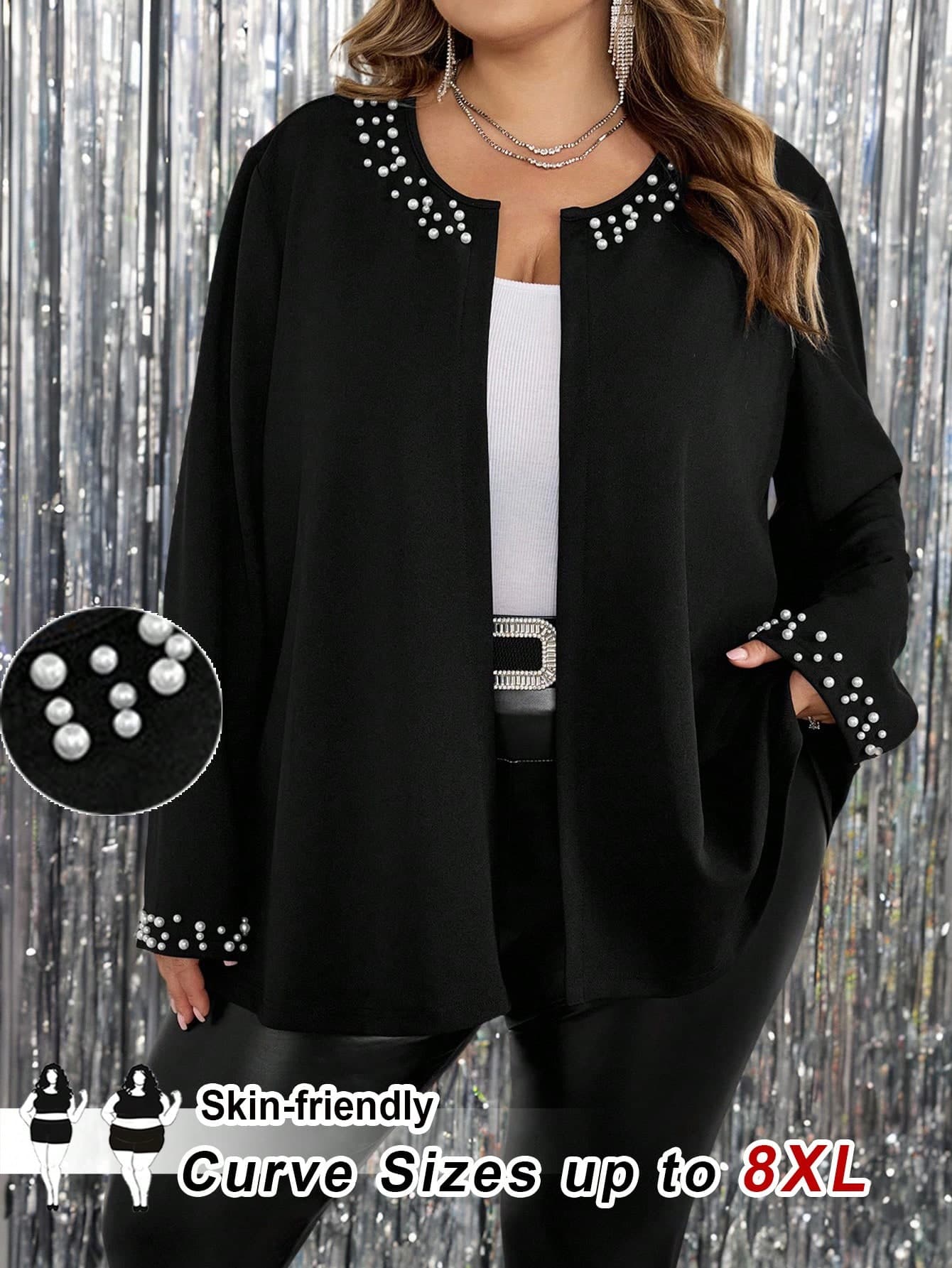 SHEIN CURVE+ Plus Size Women Pearl Decor Long Sleeve Cardigan Elegant , Autumn/Winter, Suitable For Christmas Party Valentine's Day