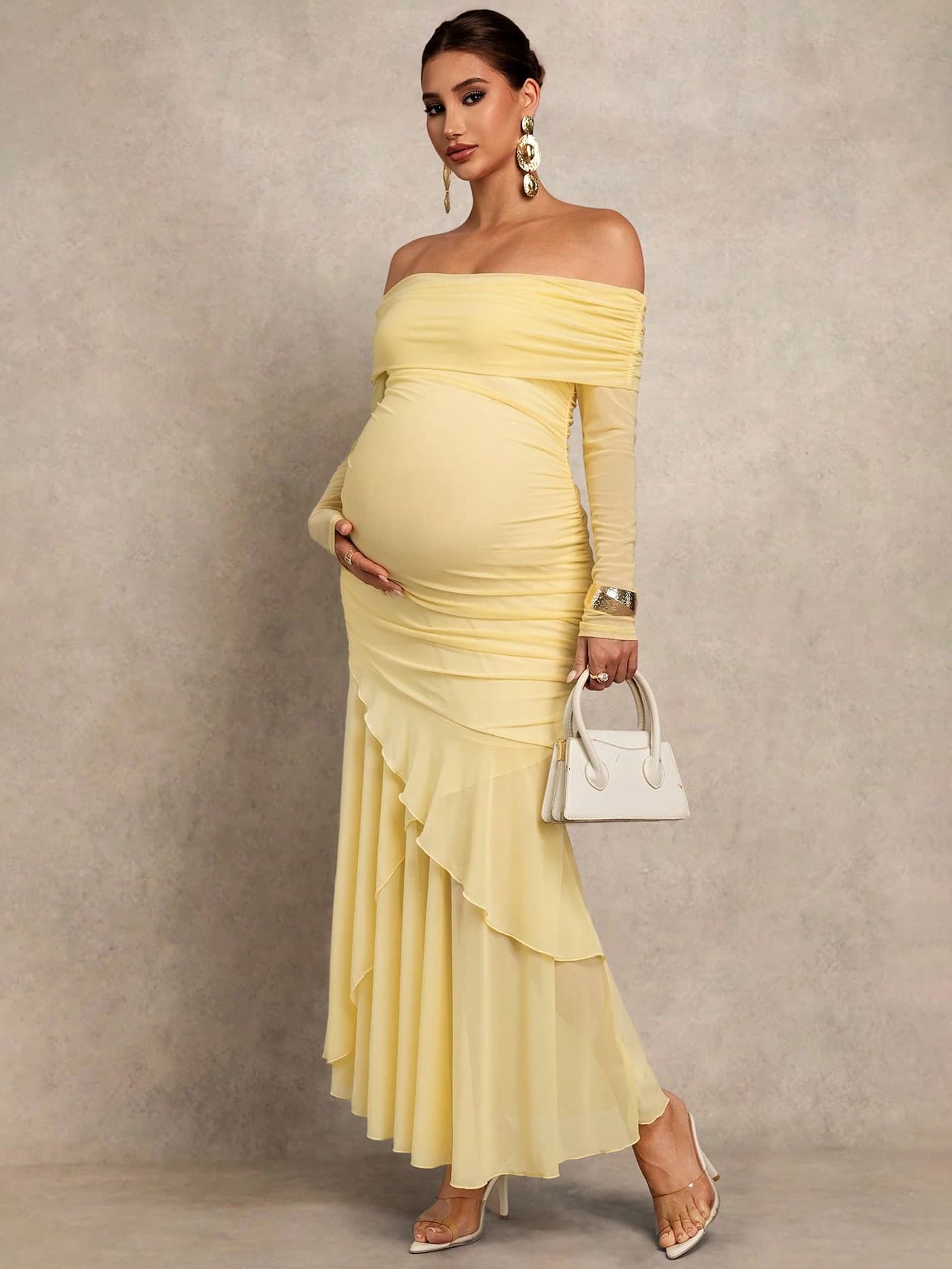 MaterniChic Maternity Solid Color Pleated Off-Shoulder Long Sleeve Ruffle Hem Elegant Dress Elegant Dresses For Party Birthday Dress Fall