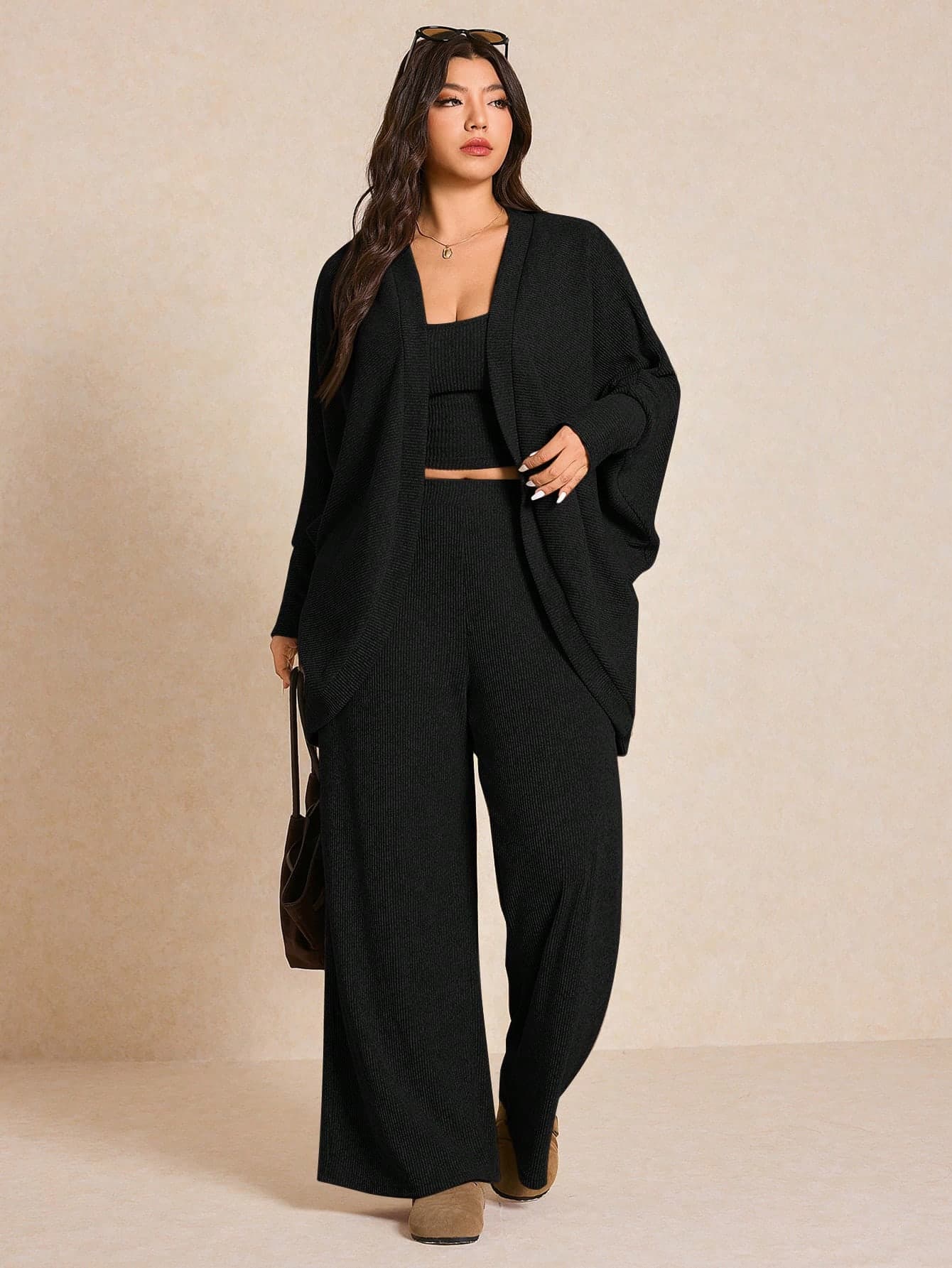 Elaquor Plus Size Casual Commuter Solid Color Batwing Sleeve Jacket And Jumpsuit Set Plus Size Two Piece Outfit Fall