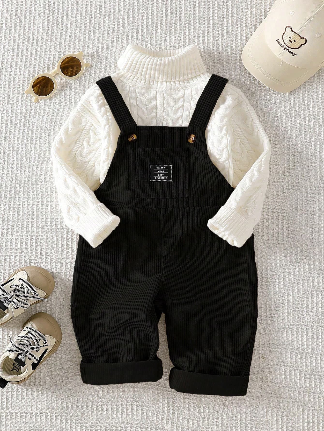 SHEIN Playful Pals Baby Boys 0-3 Years Old Khaki Letter Embroidered Corduroy Jumpsuit, Suitable For Outings, Casual, Birthday Party