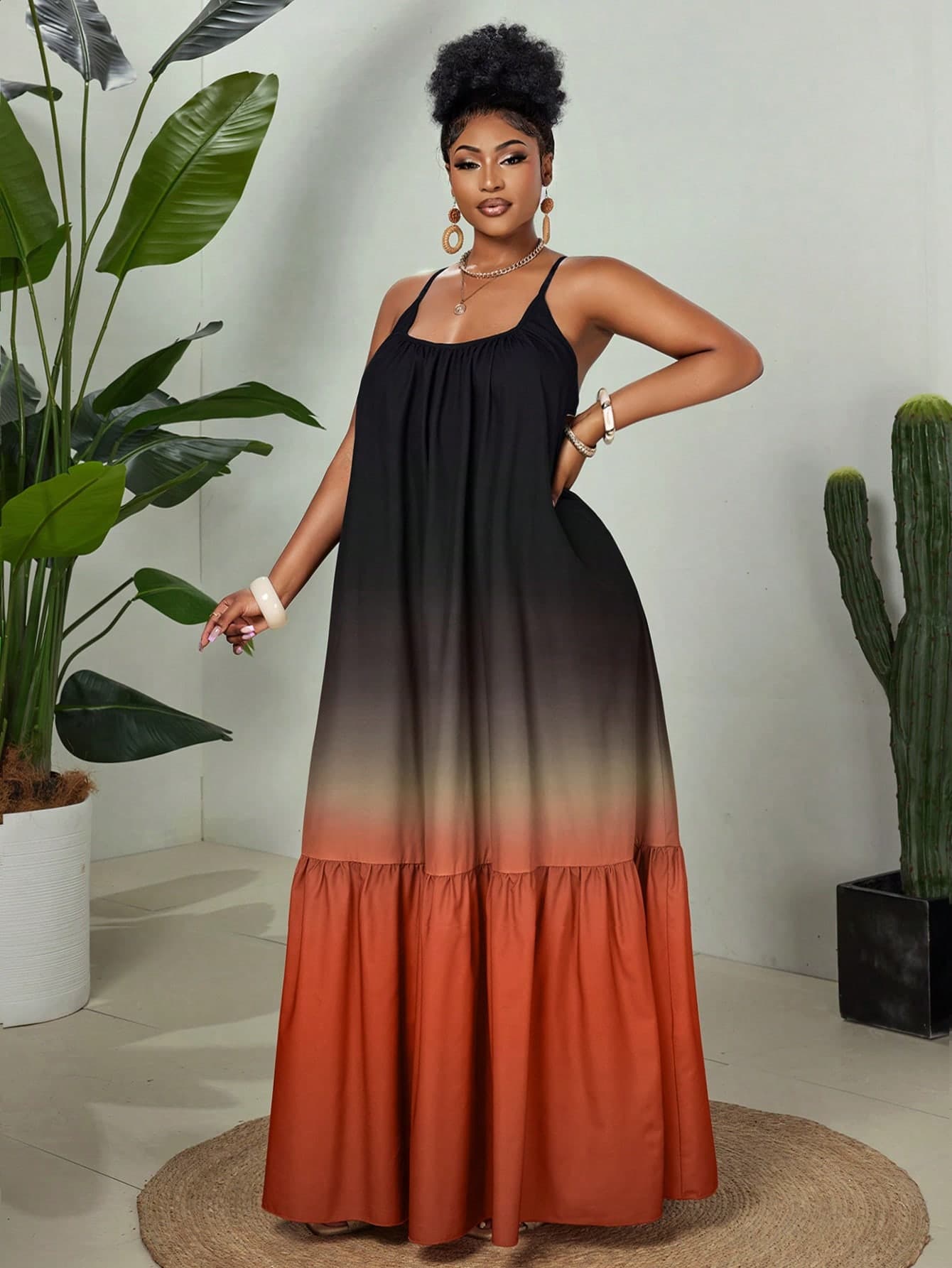 Eryvara Women's Black And Orange Summer Boho Holiday Vacation Holiday Spaghetti Strap Round Neck Tie-Dye Print Patchwork Maxi A-Line Ruffle Hem Long Dress