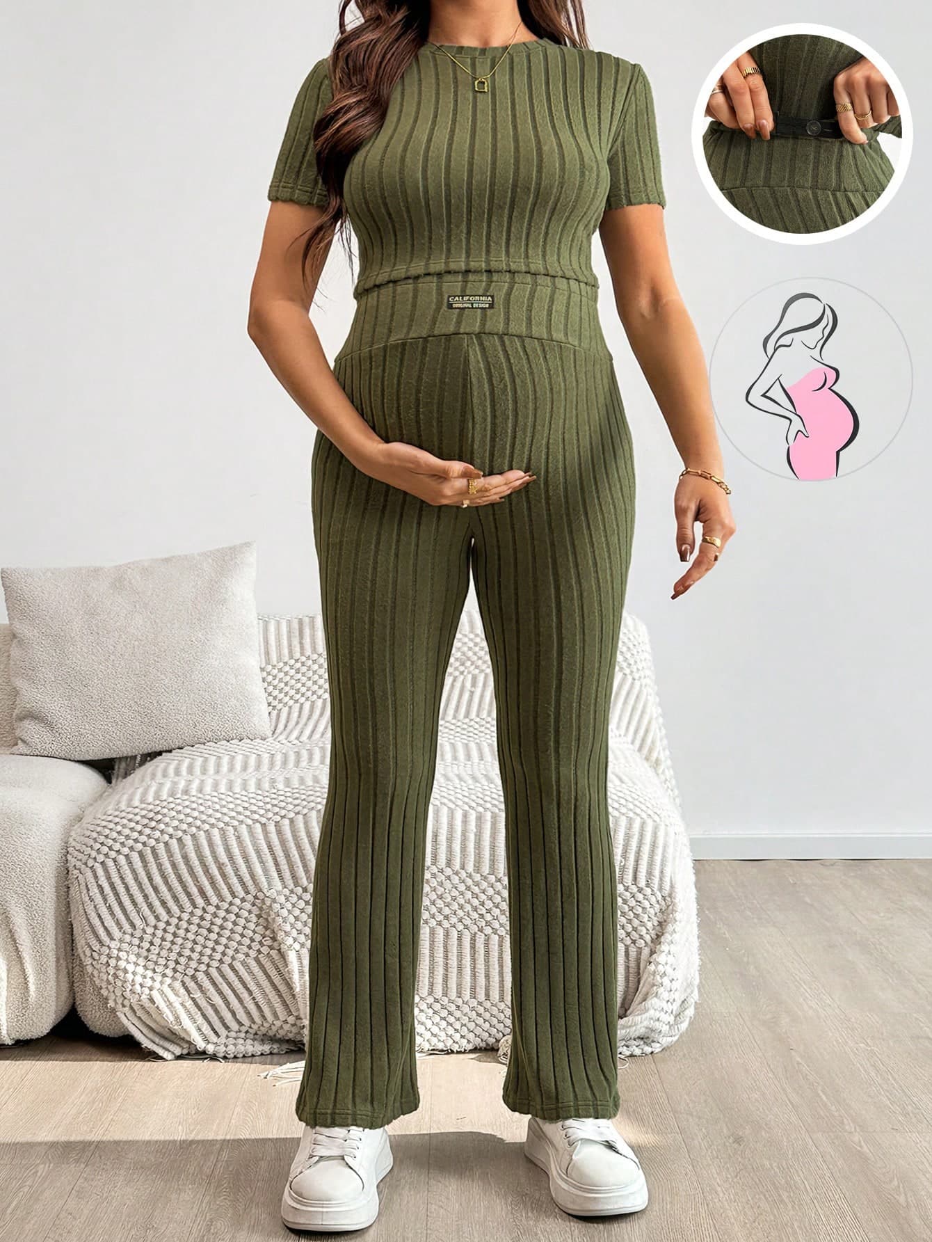 SHEIN Maternity 2 Pieces Lounge Sets,Olive Green Ribbed Crew Neck Short Sleeve Top & Adjustable Waist Pants,Everyday Smart Casual Summer Pregnancy Clothing
