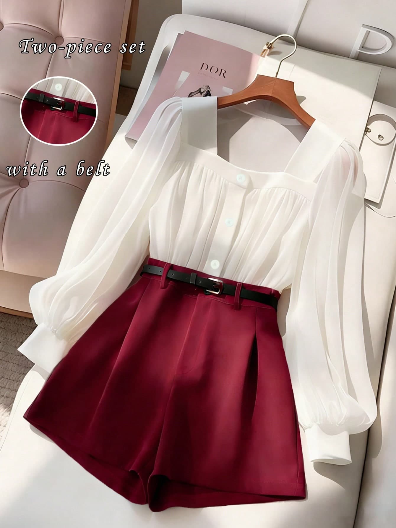Franclia Women's Elegant Summer Two-Piece Short Set,White Square-Neck Puff-Sleeved Chiffon Top And Burgundy High-Waisted Mesh Shorts With Belt,Brunch Outfit