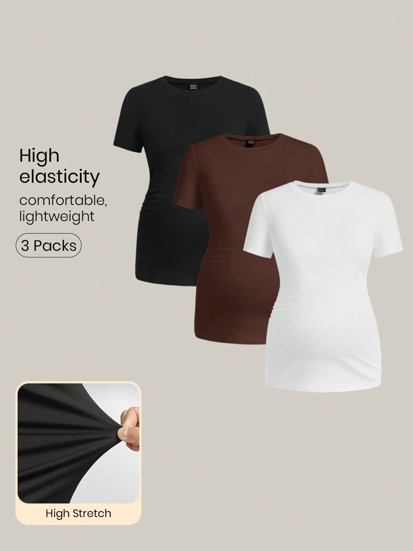 Modmama 3pcs Maternity Casual Solid Color Short Sleeve T-Shirts,Black And White,Summer,Elegant,Photoshoot,Comfortable Stretchy Lightweight Basic Plain Tops