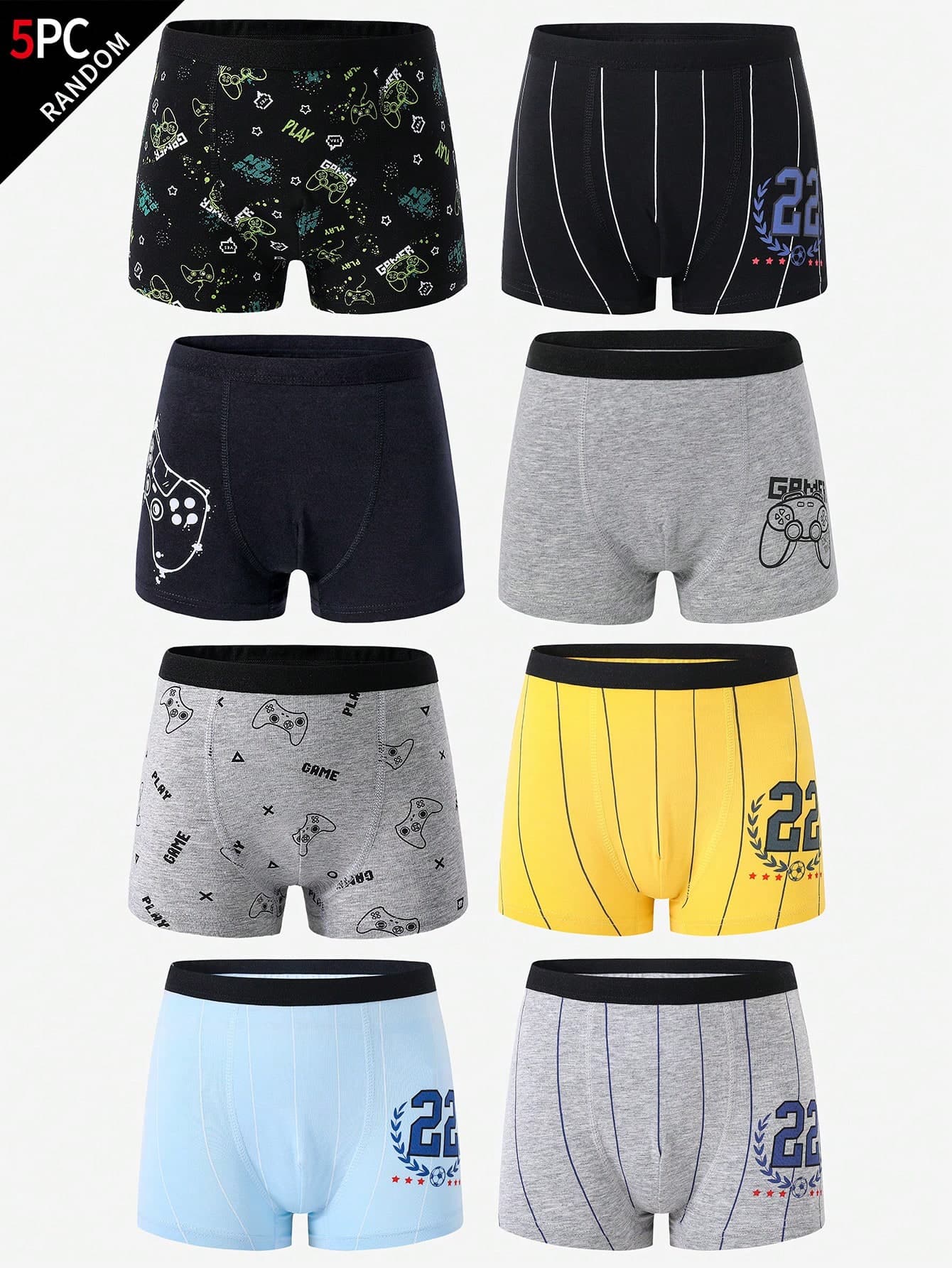 5pcs/Pack Teenage Boys' Minimalist Fashion Video Game & Stripe Print Breathable Cotton Soft Briefs