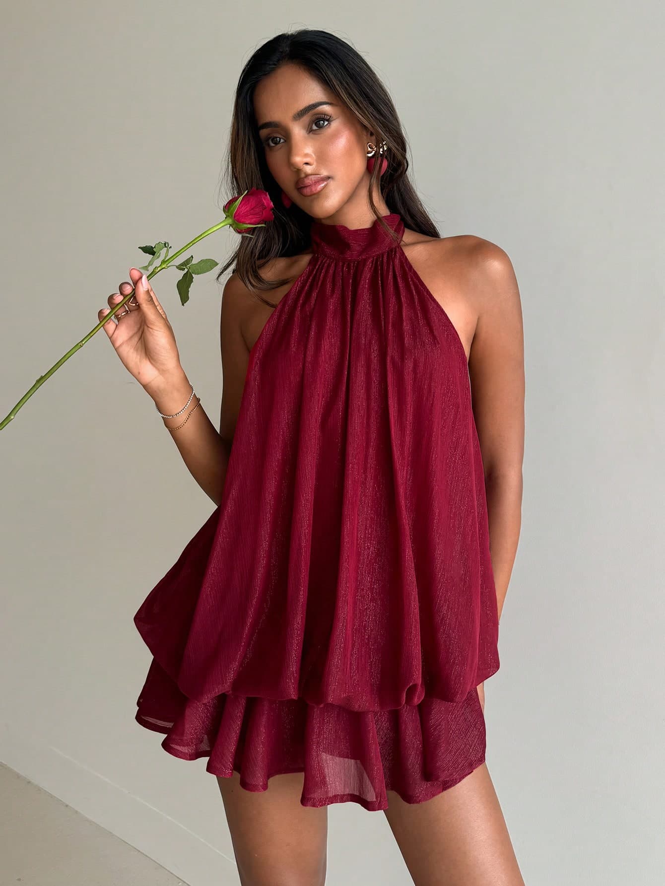 Aloruh Elegant Burgundy Summer Dinner Date Dress,Women's Backless Red Short Dress,Solid Color Mini Party Dresses For Birthday,Wedding Guest&Vacation