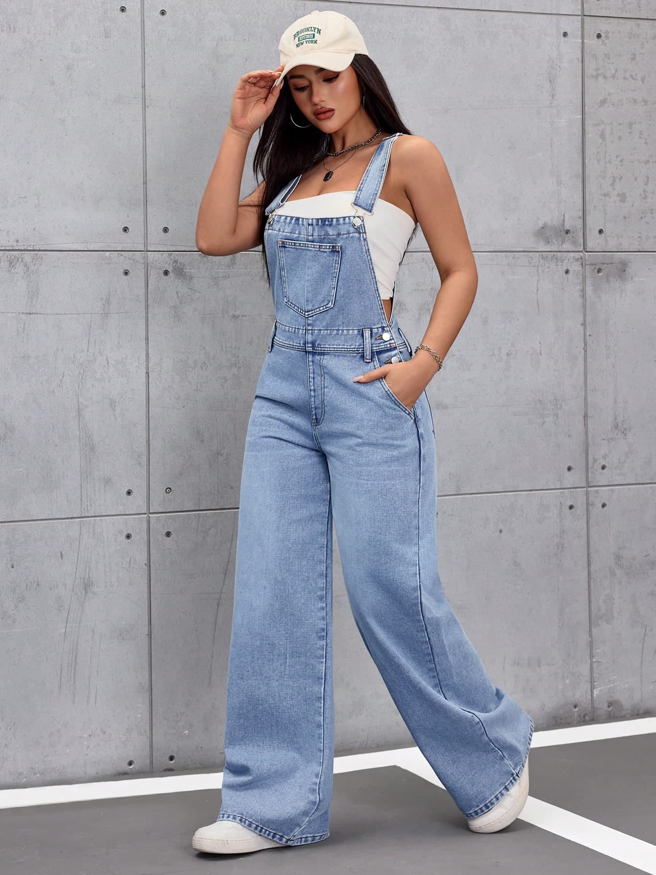 SHEIN Tall Women's Casual Minimalist Versatile Denim Bib Overalls With Pockets, Tall Women