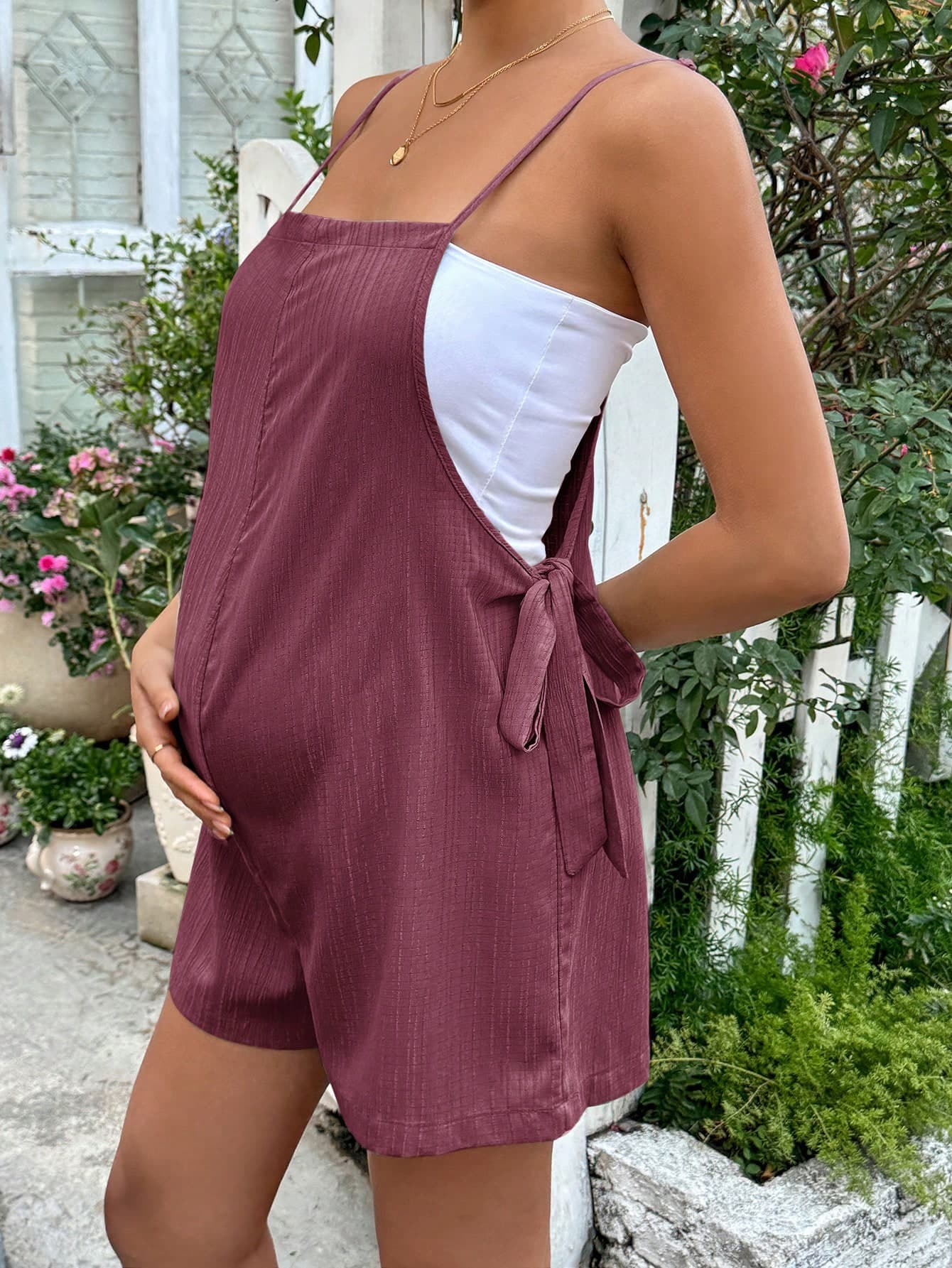 Lyckli Maternity Solid Color Spaghetti Strap Tie Waist Loose Casual Jumpsuit, Vacation