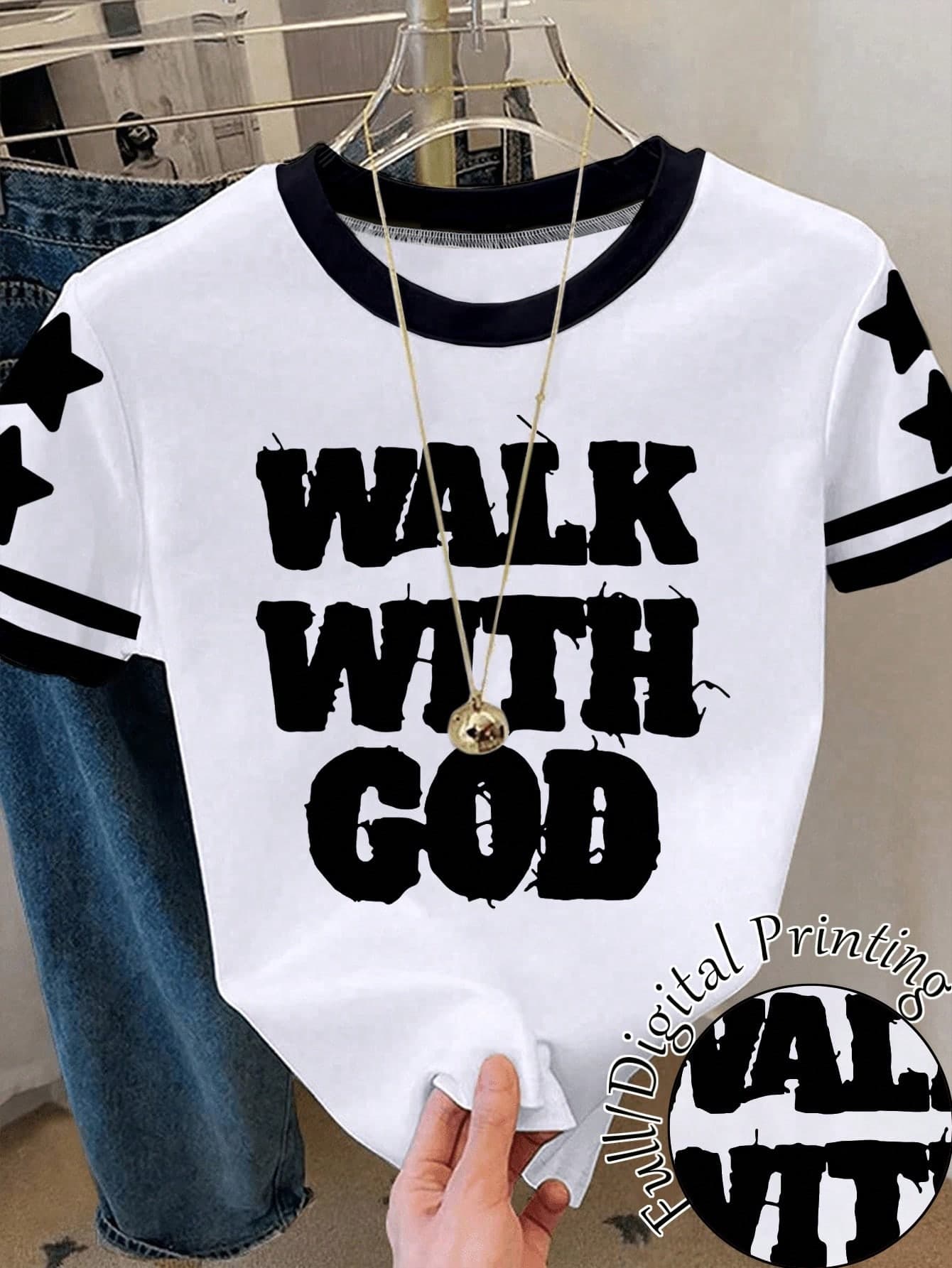 SHEIN Women's Casual Slogan & Pentagram Print Round Neck Short Sleeve T-Shirt