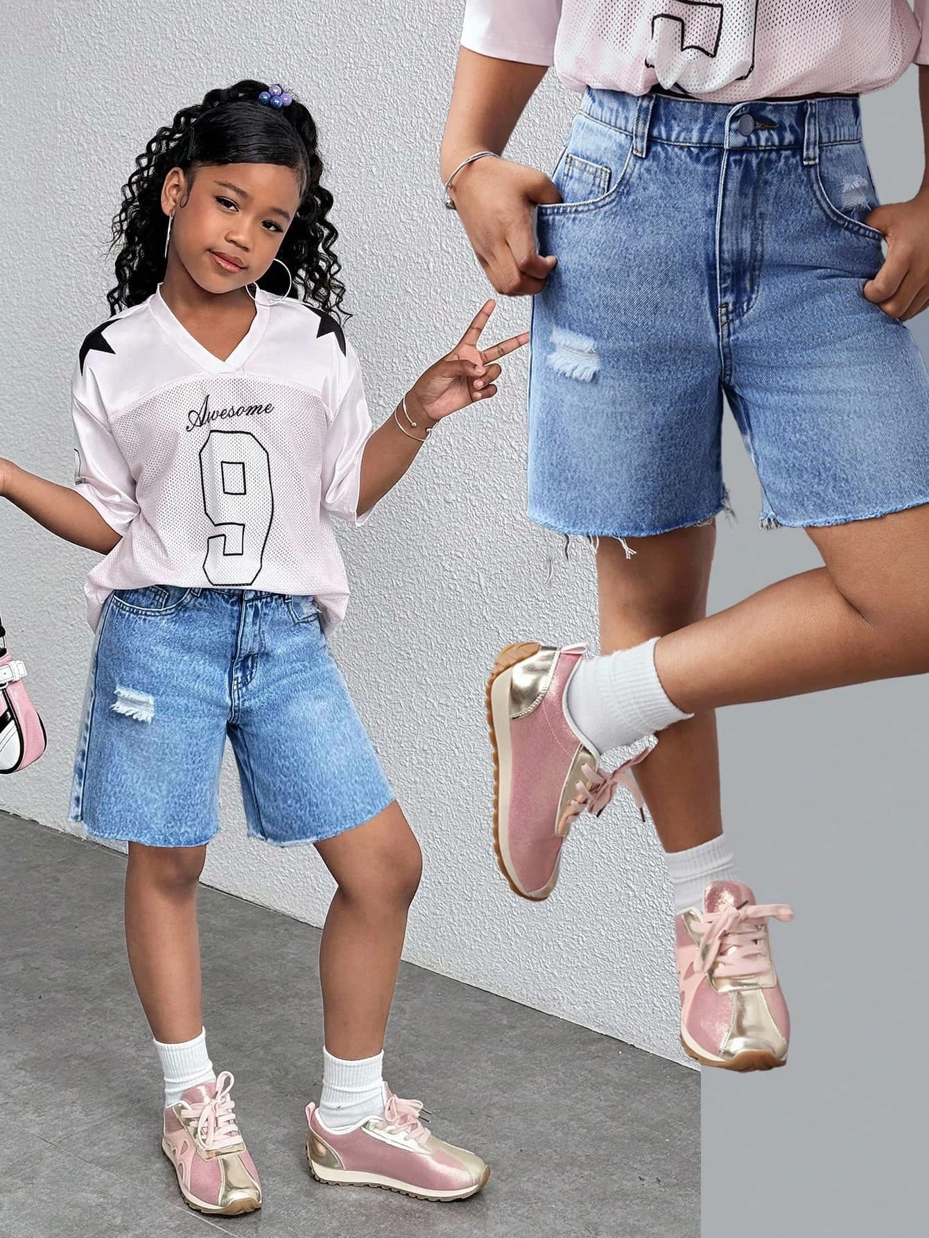 SHEIN Tween Girls Fashion Y2k Style Casual Blue Ripped Denim Jeans Shorts For Tween Girl Clothes Girls Dailywear And Tween Girl Summer And Spring Clothes