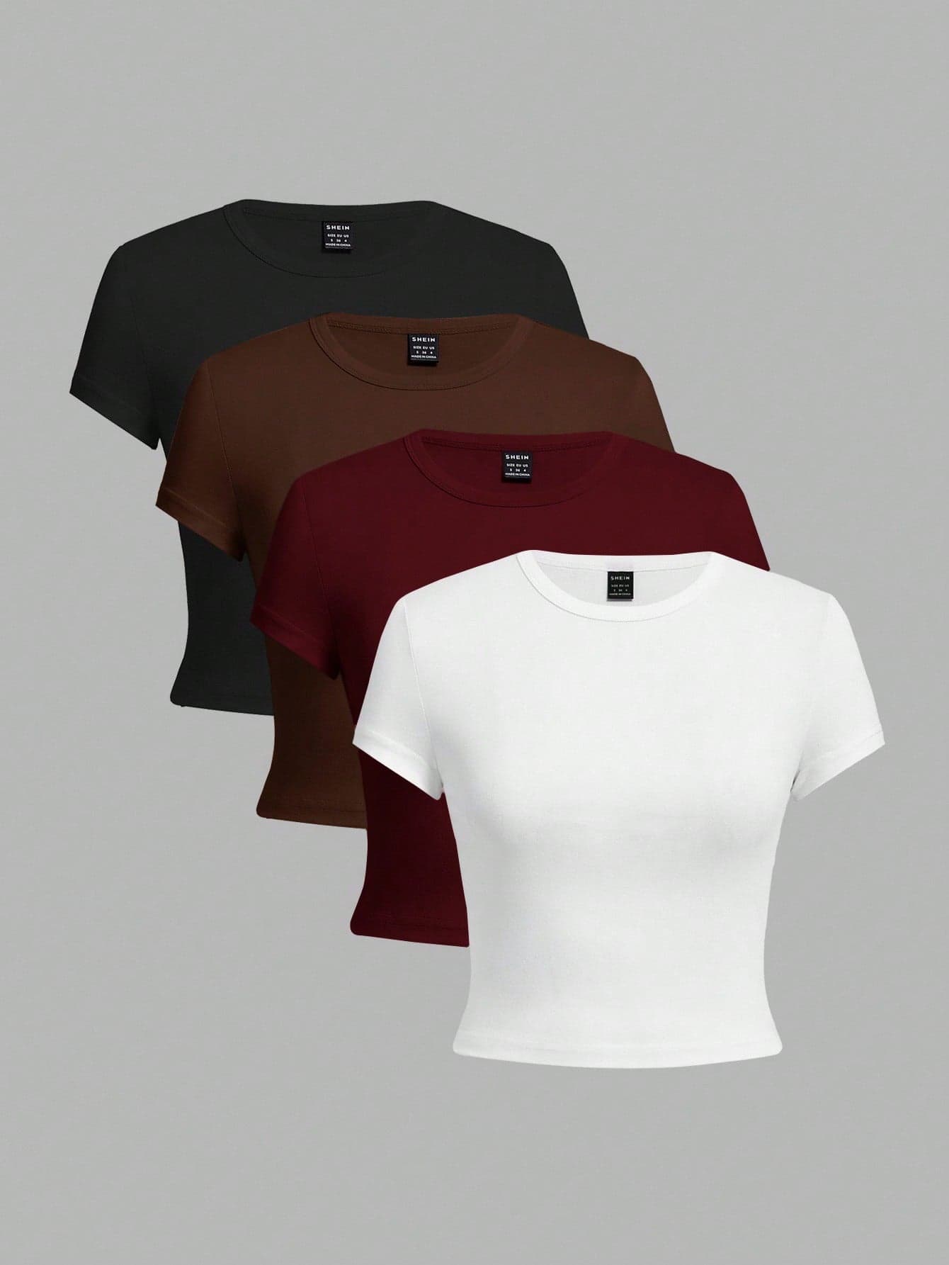 SHEIN EZwear 4pcs/Set Casual Round Neck Short Sleeve Fitted Women T-Shirts, Suitable For Summer Spring