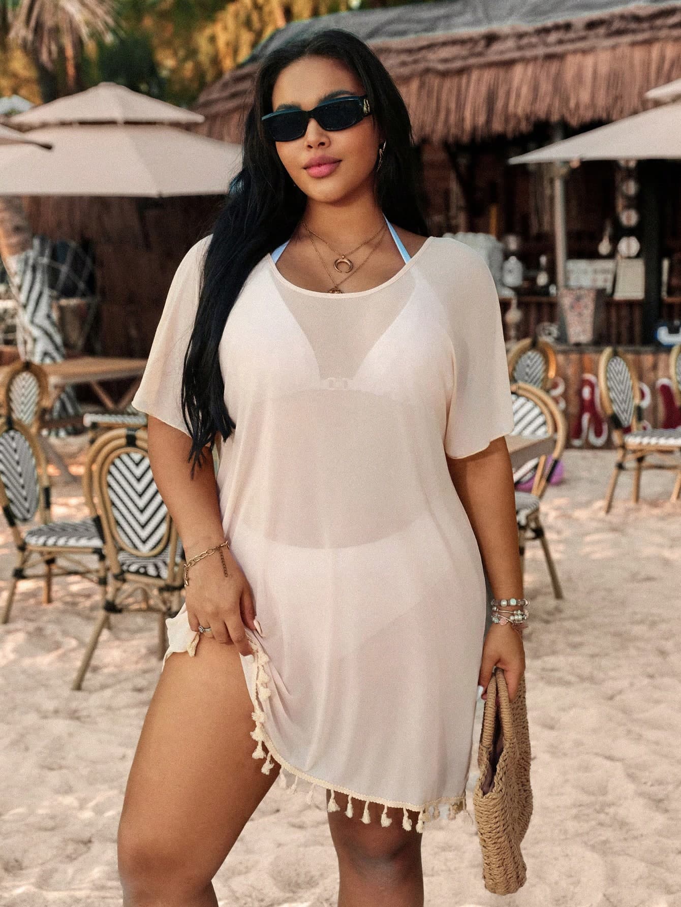 Swim Vcay Plus Size Women Solid Color Round Neck Short Sleeve Tassel Hem Cover Up Dress,Peach,Summer,Casual Elegant,Beach,Vacation,Holiday Ibiza Resort Wear