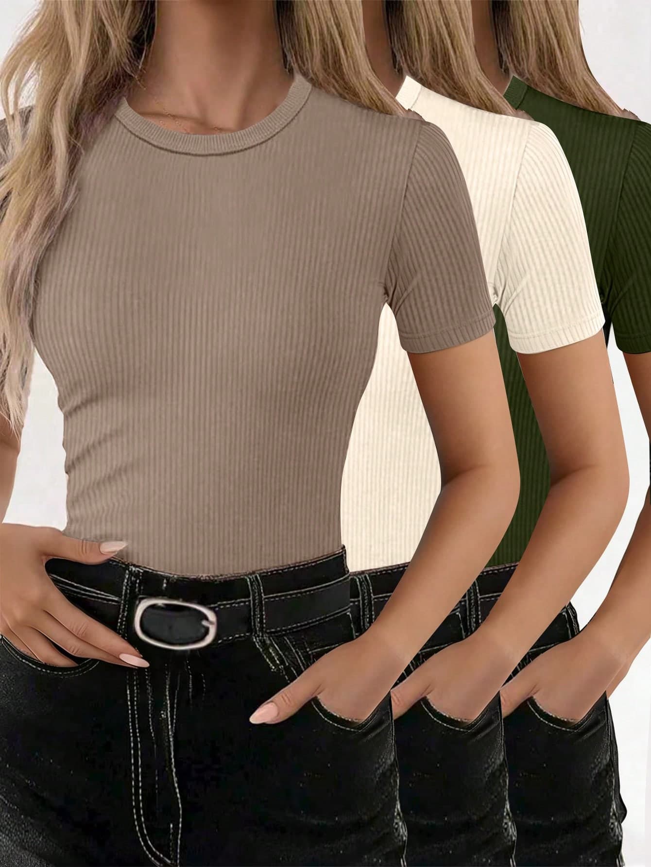 SHEIN 3pcs/Set Women's Solid Color Round Neck Short Sleeve Casual Versatile T-Shirts