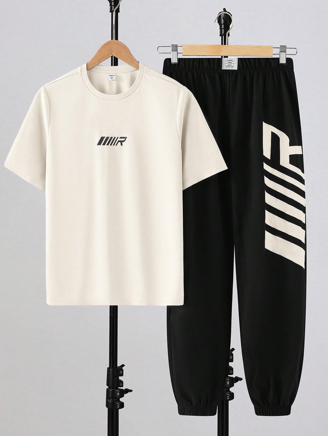 SHEIN 2pcs/Set Teen Boys Casual Minimalist Letter Print Crew Neck Pullover Outfit, Suitable For Summer, Sports, Running, Outdoor