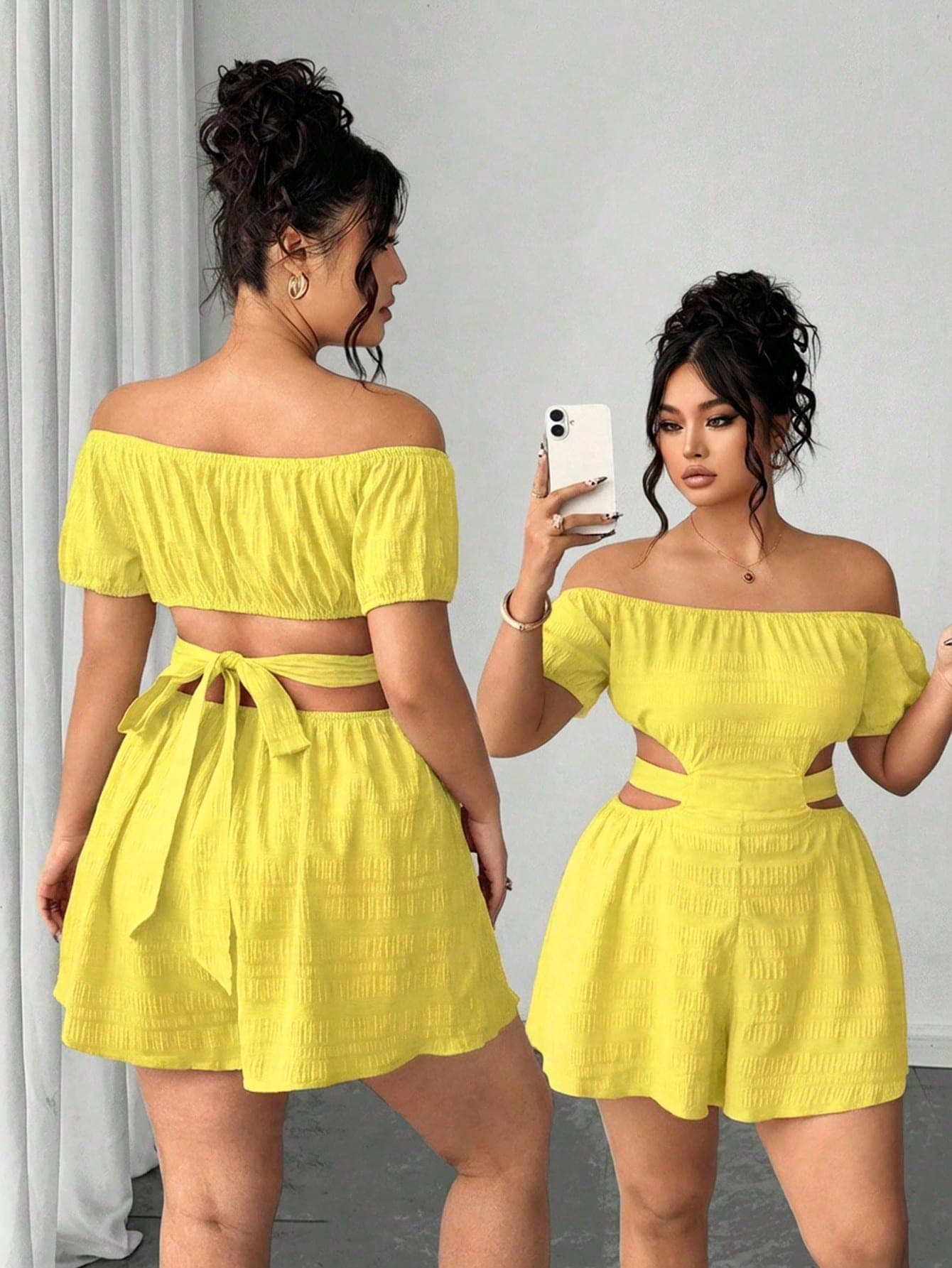 Elenzga Plus Size Women's French Textured Off-Shoulder Jumpsuit, Light Yellow Summer Smart Casual Vacation Curvy Linen Two Piece Set Brunch Beach