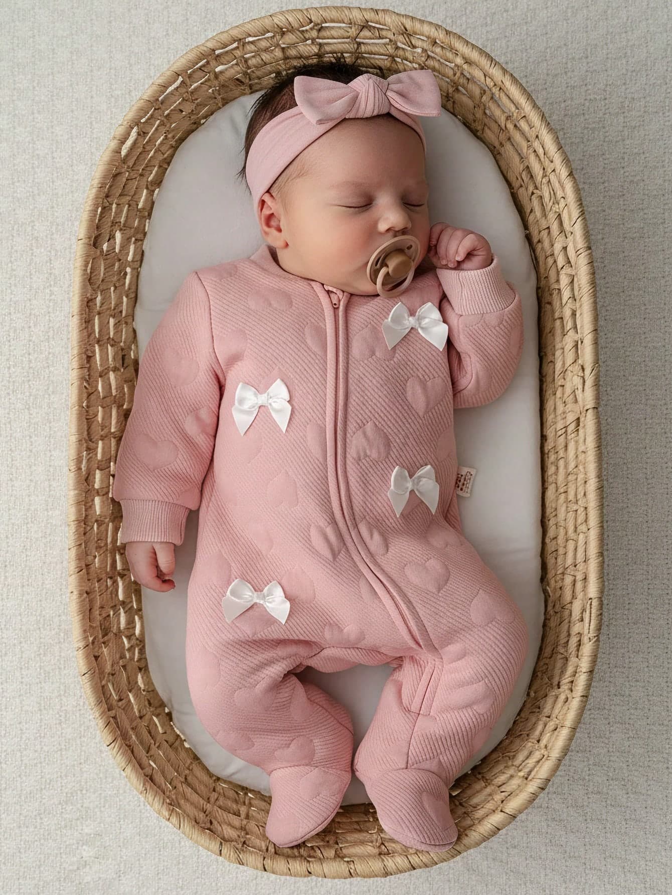 Cozy Pixies Newborn Baby Girl Bow Decor Round Neck Long Sleeve Footie Jumpsuit