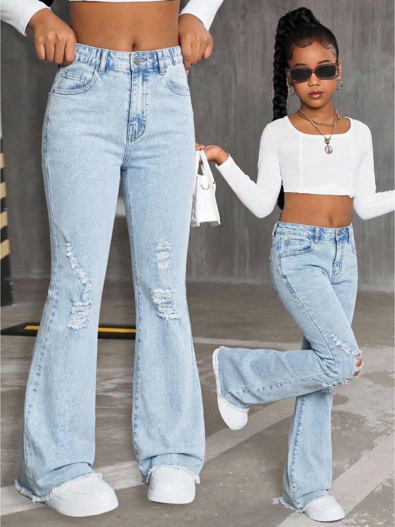 SHEIN TWEEN GIRLS Vintage Washed Color Denim Jeans, Distressed Hem Flare Leg, Street Style, Fashionable New Design Flared Jeans Girls