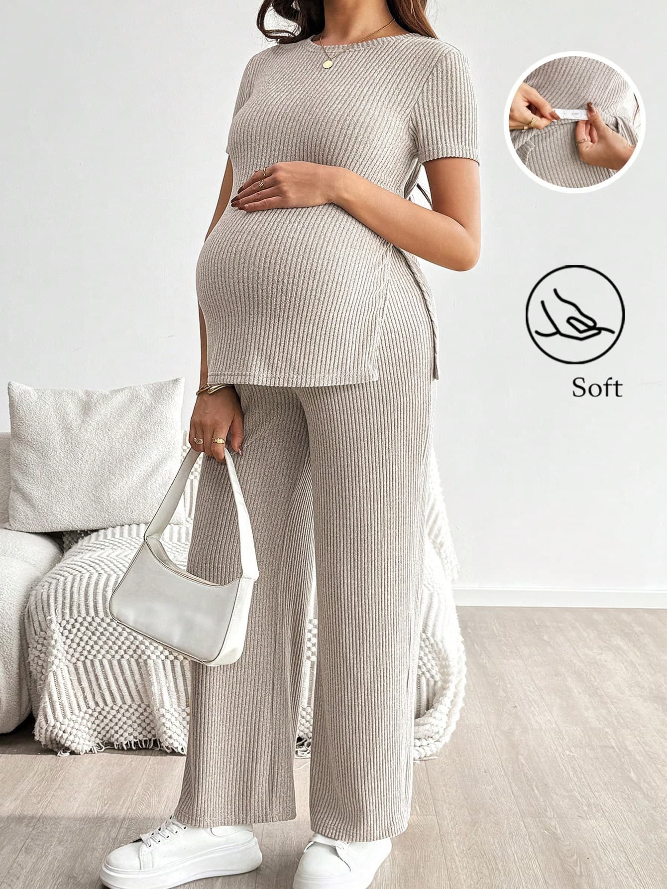 SHEIN 2pcs Maternity Casual Short Sleeve Top & Pants Set Summer Clothes 2 Pieces Two Suits For Woman Pregnancy