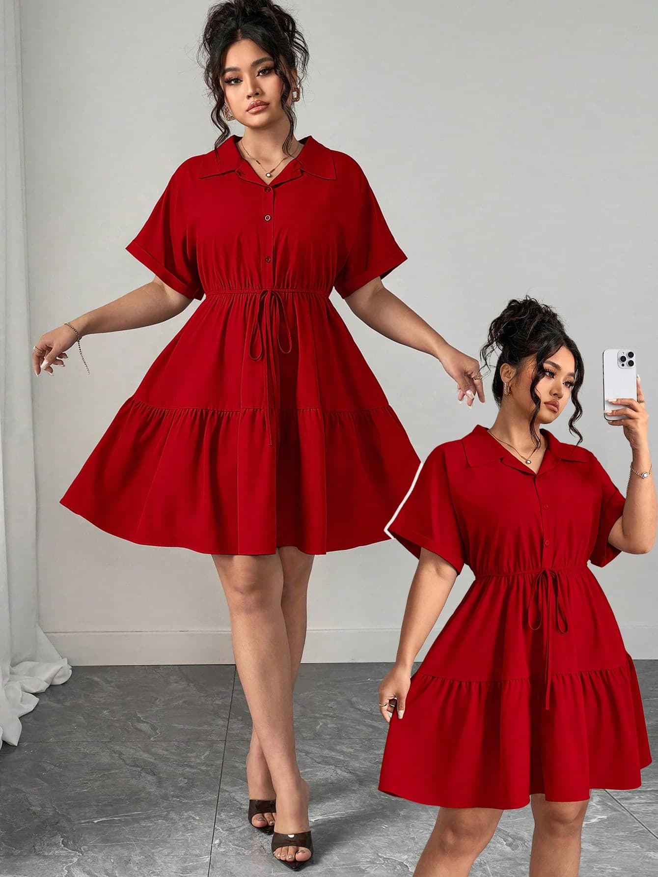 Elenzga Red Plus Size Short Sleeve Casual Mini Dress With Ruffle Hem And Collar For Women Short Plus Size Dress Plus Size Vacation Dress