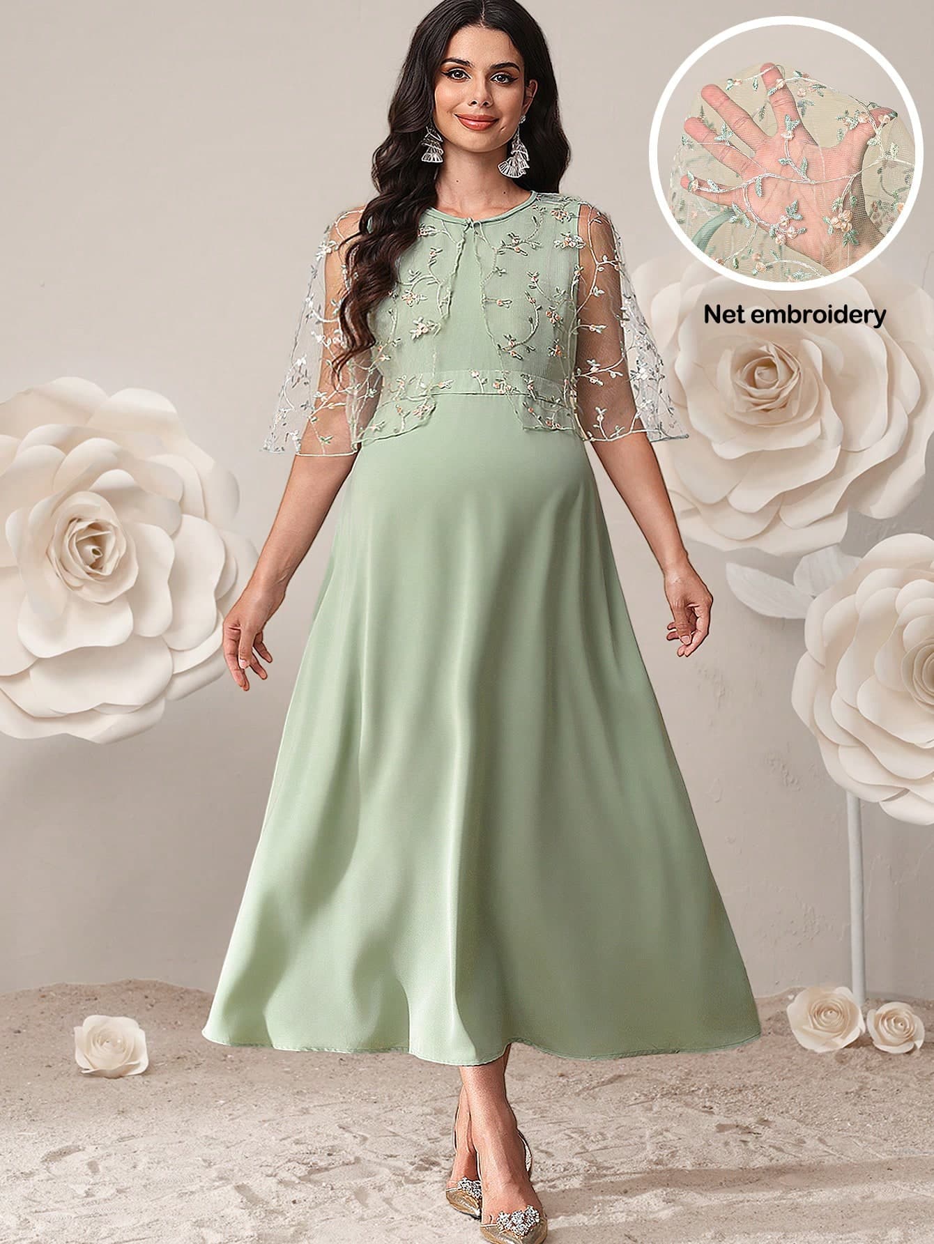 SHEIN Maternity Clothes Two Piece Set Elegant Summer Two-Piece Set:Green Sleeveless Dress+Embroidered Jacquard Shawl.Elegant Set.Comfortable