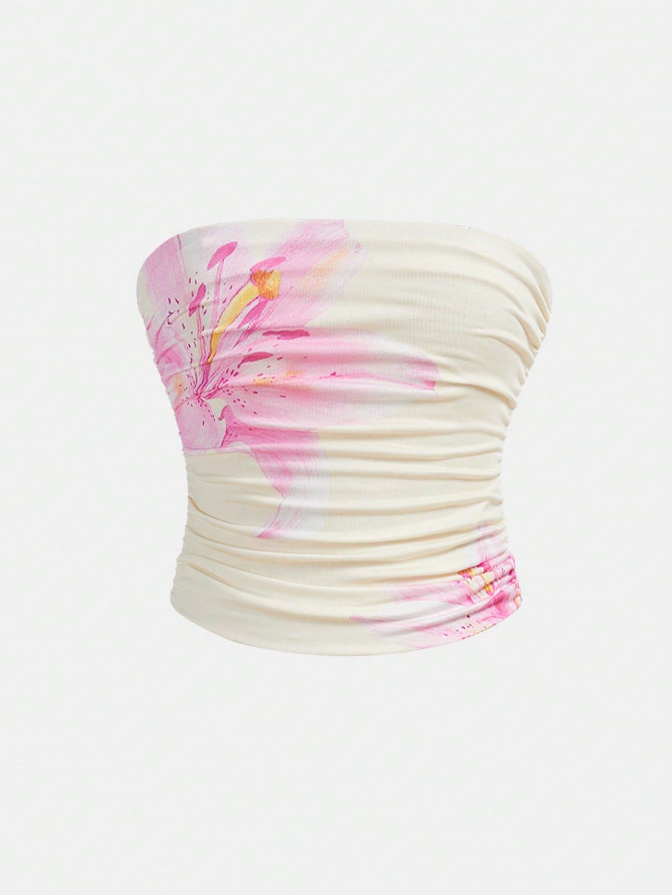 SHEIN Girlism Tween Girls Apricot Sleeveless Strapless Tube Top With Casual Graphic Floral Print Design Short Length