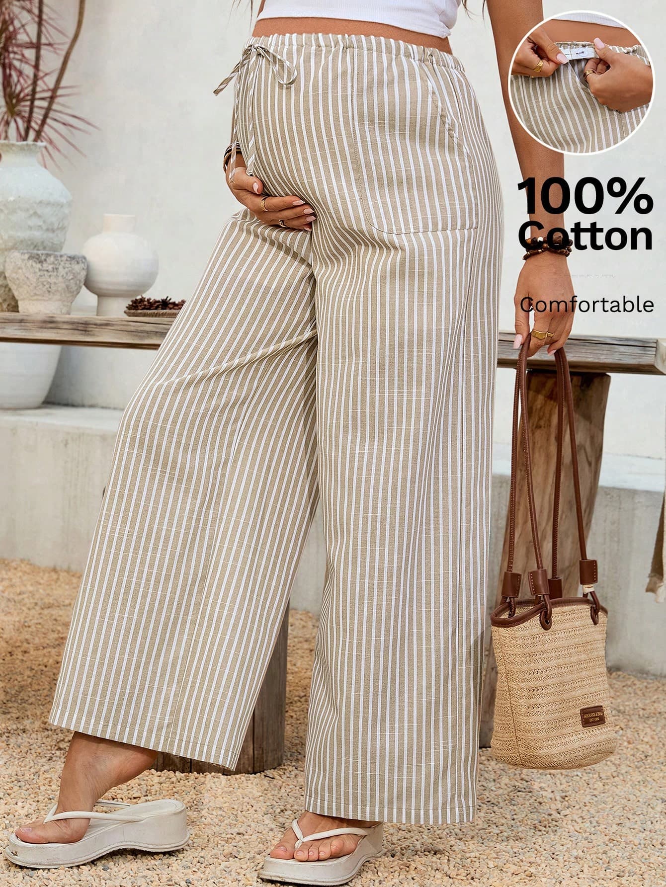 SHEIN White Sequence,Summer,Casual,Holiday Adjustable Waist Striped Wide-Leg Trousers For Pregnant Women,Cotton Fabric Loose-Fitting Maternity Pants