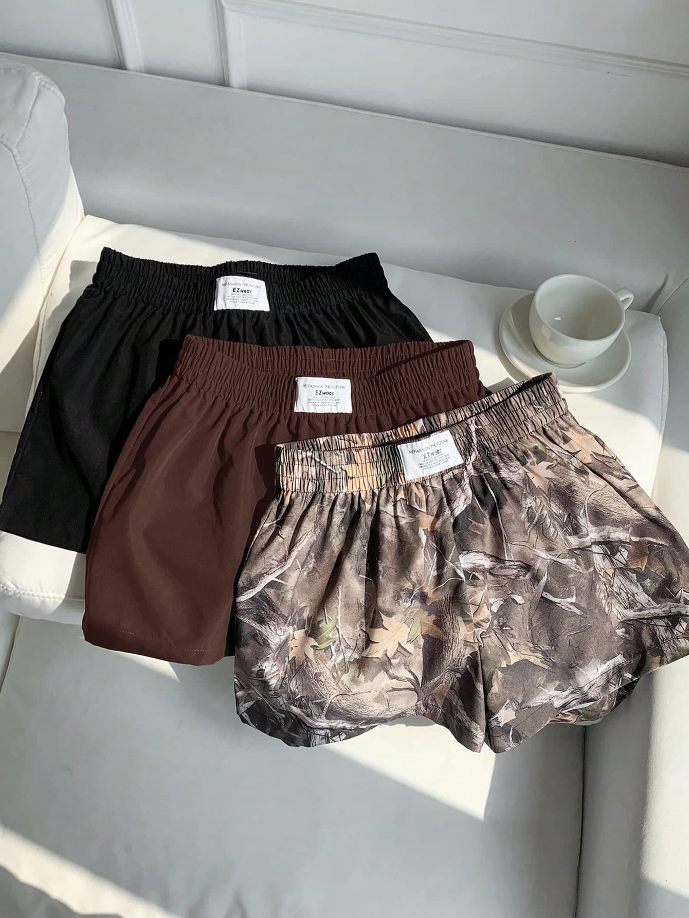 Comfortcana 3pcs Women Summer Casual Commuting Shorts Set, Solid Color & Tree Print, Loose Fit Pack Elastic Waist Camo Y2k