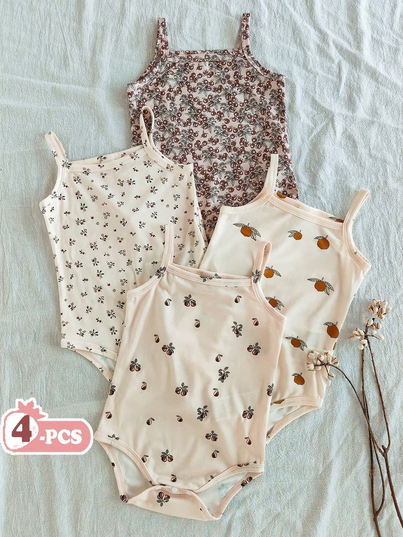 Vintaside Kids 4pcs Baby Girls Ditsy Floral Bodysuit Suits, Fashionable Cute Countryside Style Bodysuit, Spring/Summer