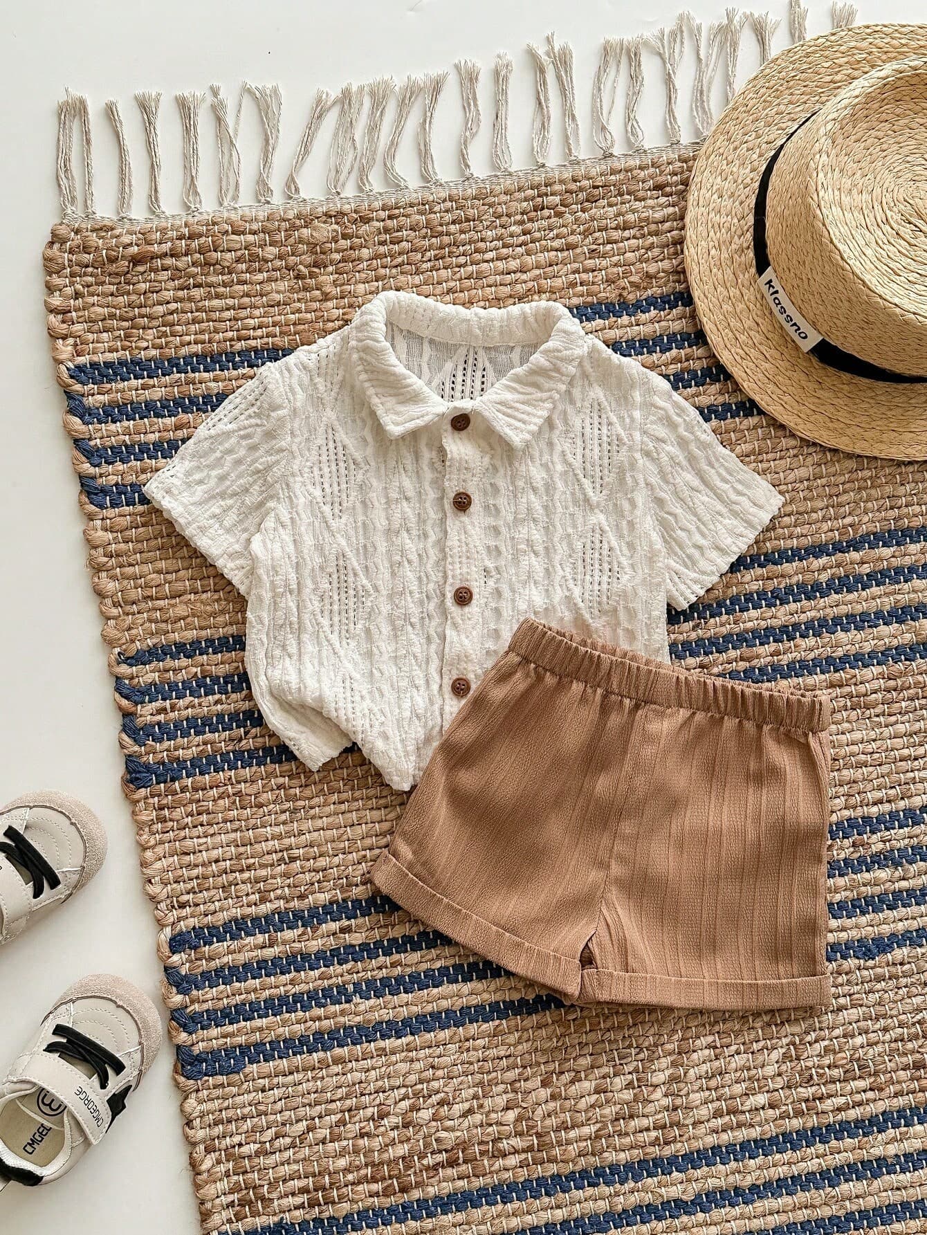 SHEIN Newborn Baby Boy Casual Cute Knitted Apricot Short Sleeve Shirt And Elastic Waist Shorts Set