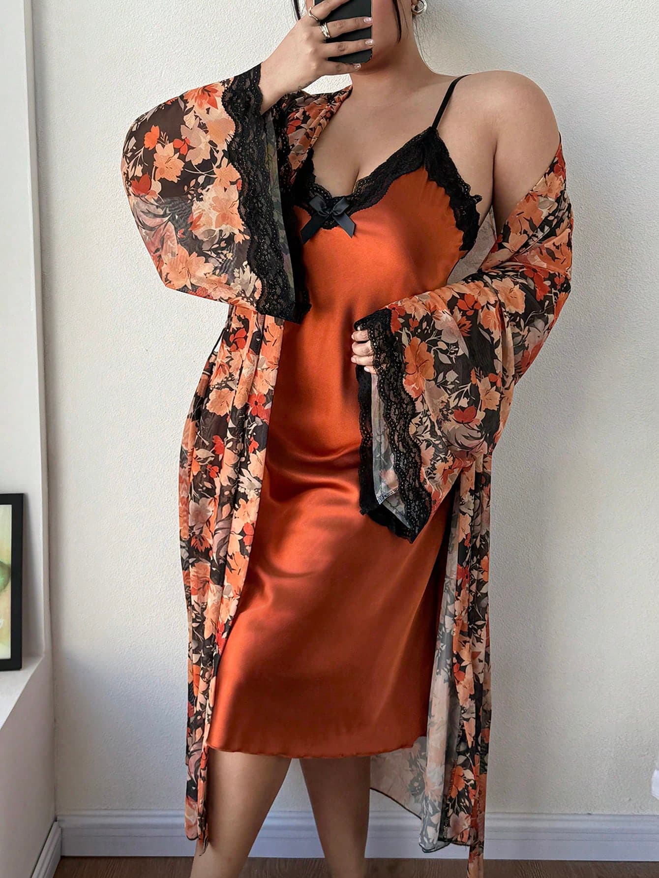 SHEIN Plus Size 2pcs Floral Print Satin Camisole Dress & Robe Set, Mature & Elegant Lingerie Set With Robe Silk Robe Set Orange Pajama Set Women