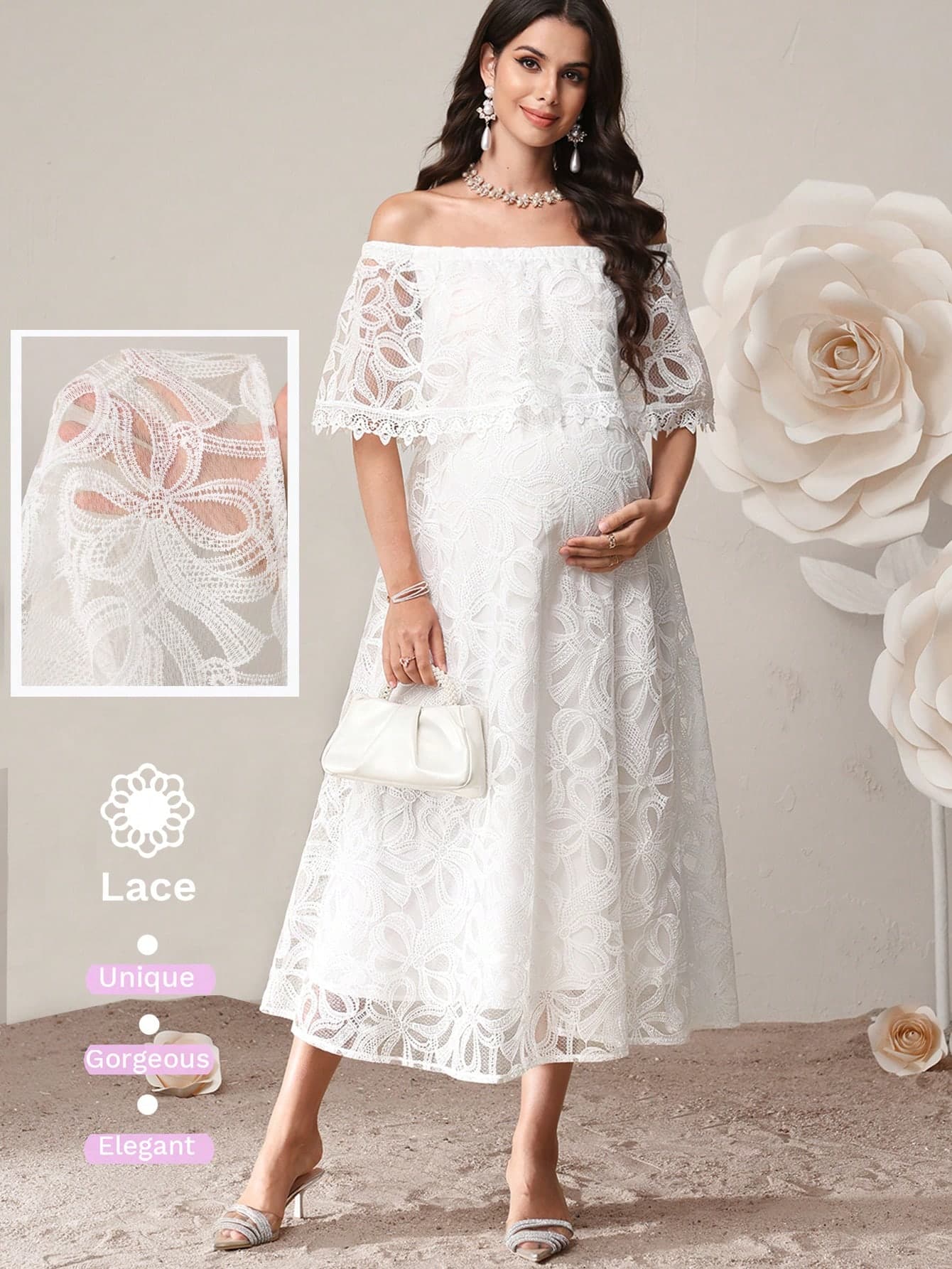 SHEIN Elegant White Summer Maternity Dress,Off-Shoulder Lace Short Sleeve Midi Pregnancy Dress For Photoshoot,Solid Color Pregnant Women's Clothes