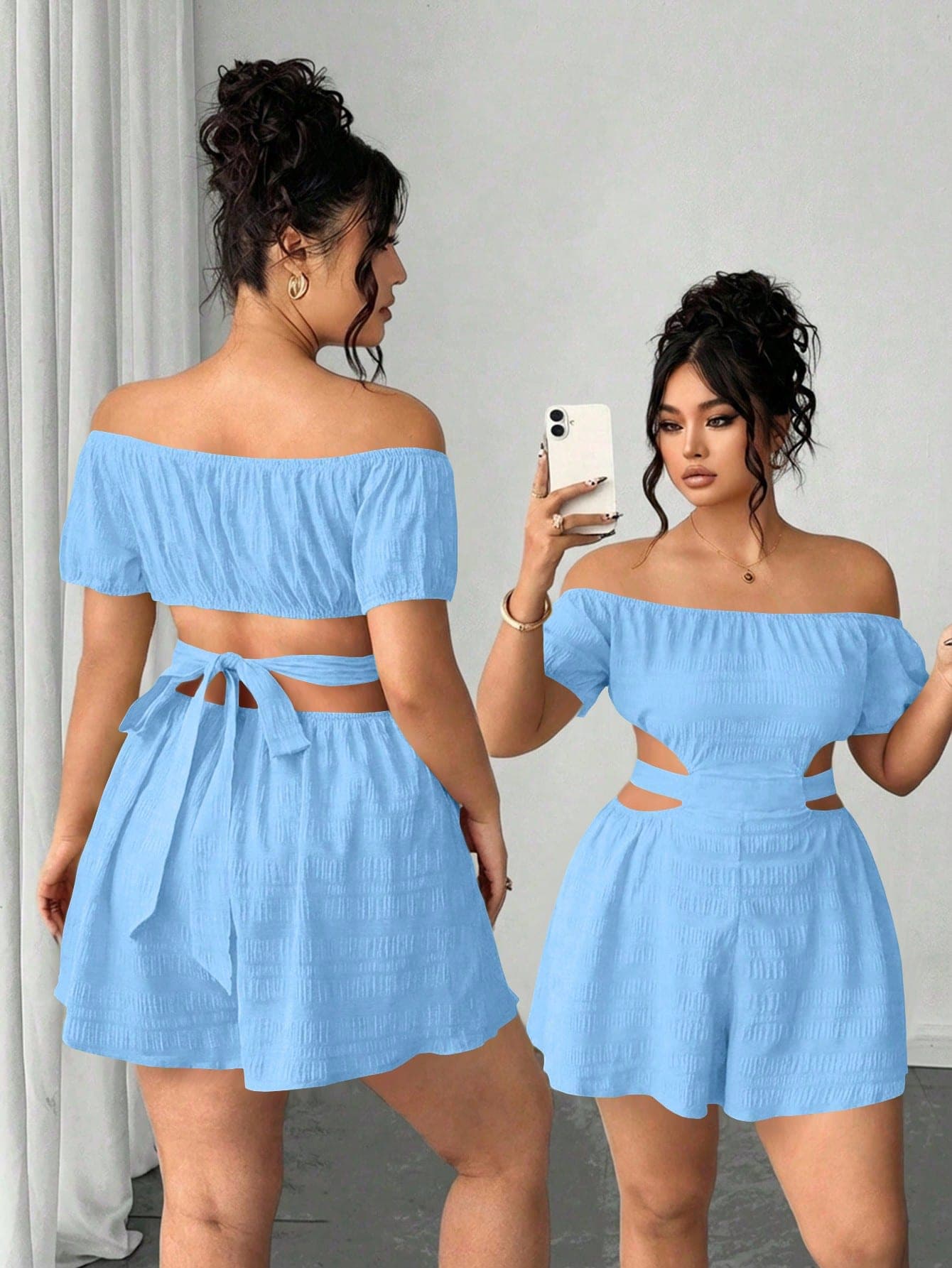 Elenzga Plus Size Women's French Textured Off-Shoulder Jumpsuit, Light Blue Summer Smart Casual Sexy Business Casual Vacation Curvy Denim Two Piece Set Beach
