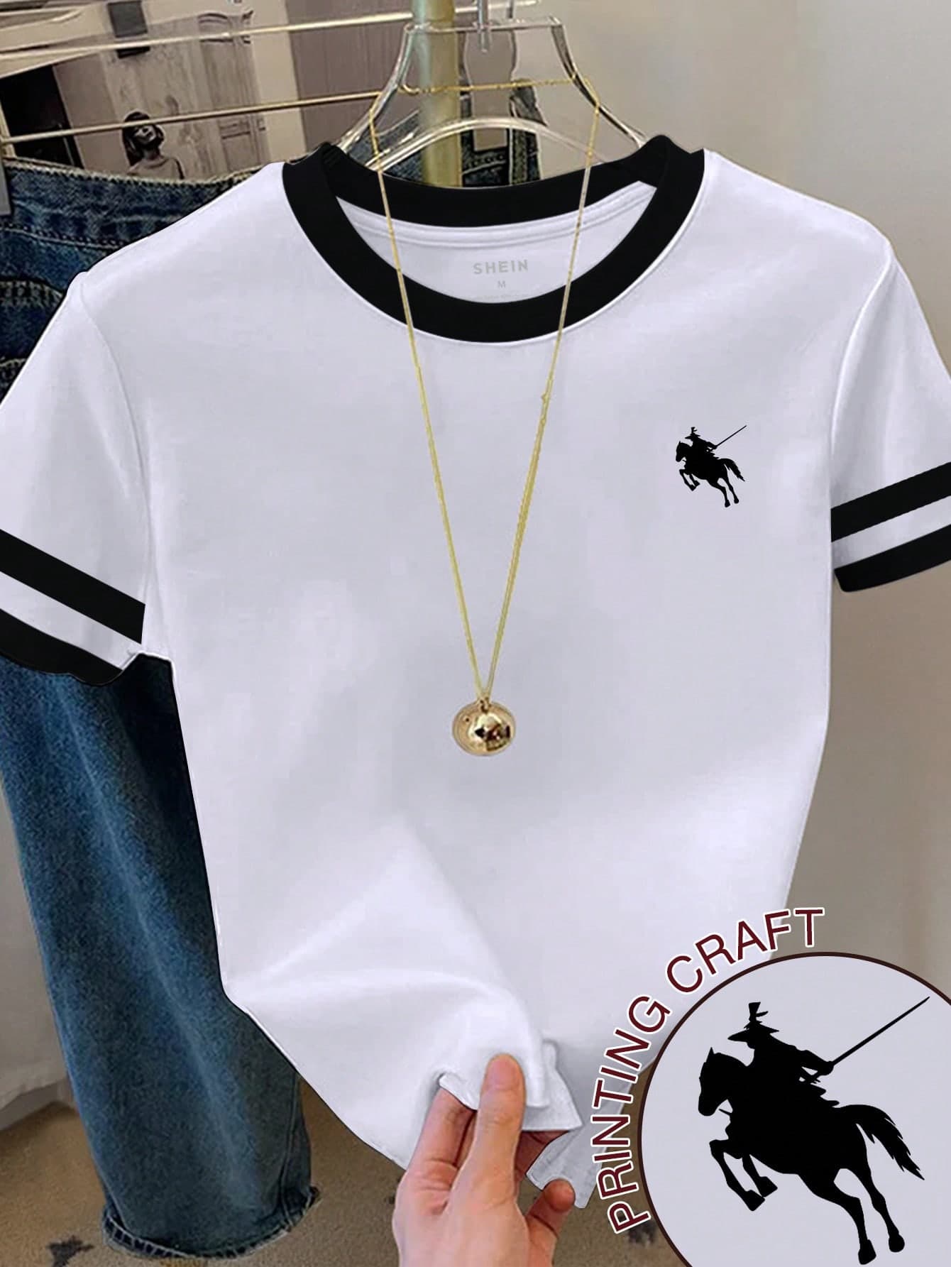 Franclia Women's Casual Everyday Commute Sports Style Contrast Striped Binding Rider Print Short Sleeve T-Shirt, Summer