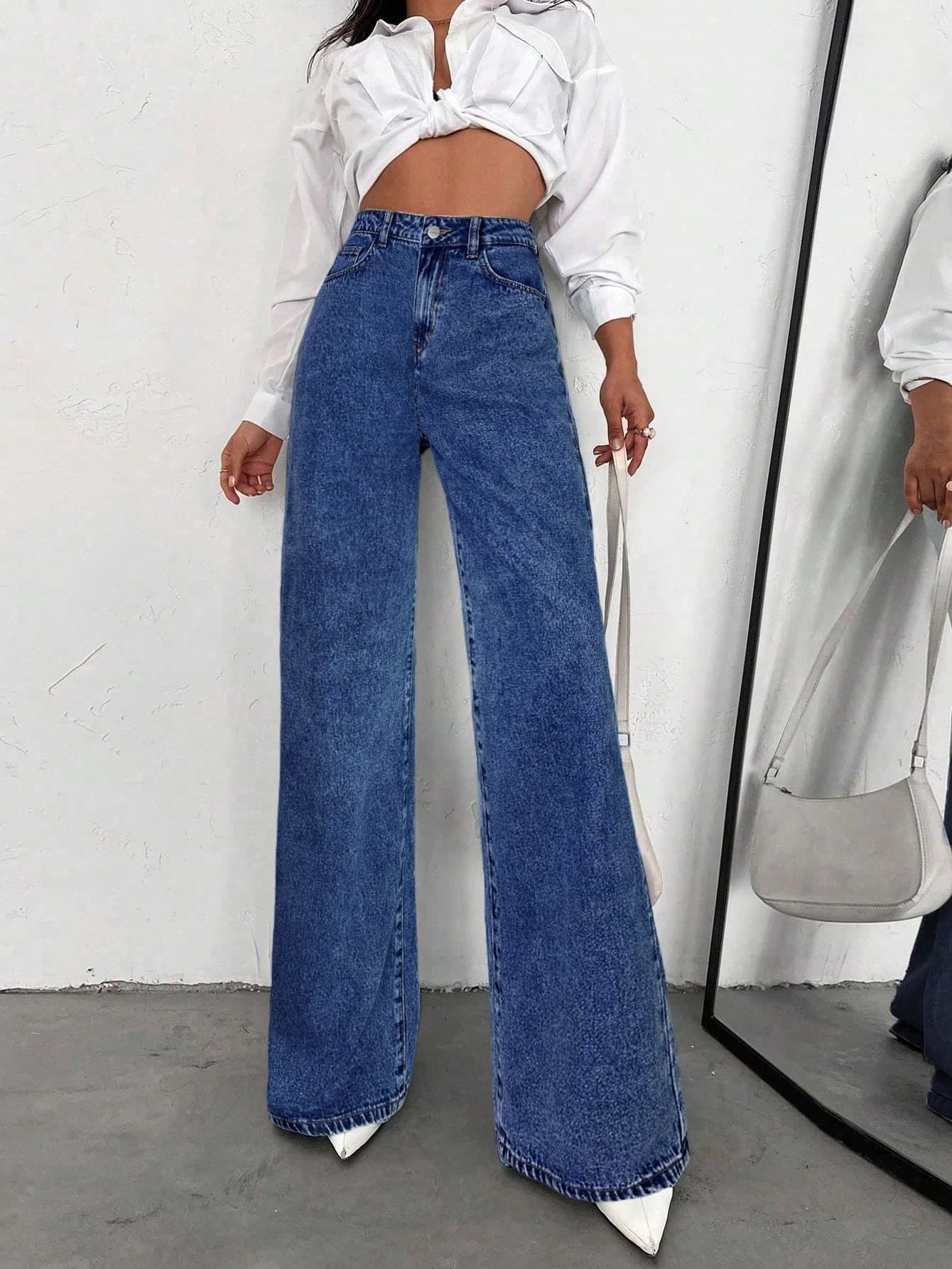 SHEIN Tall Women's High Waist Pocketed Wide Leg Casual Versatile Jeans