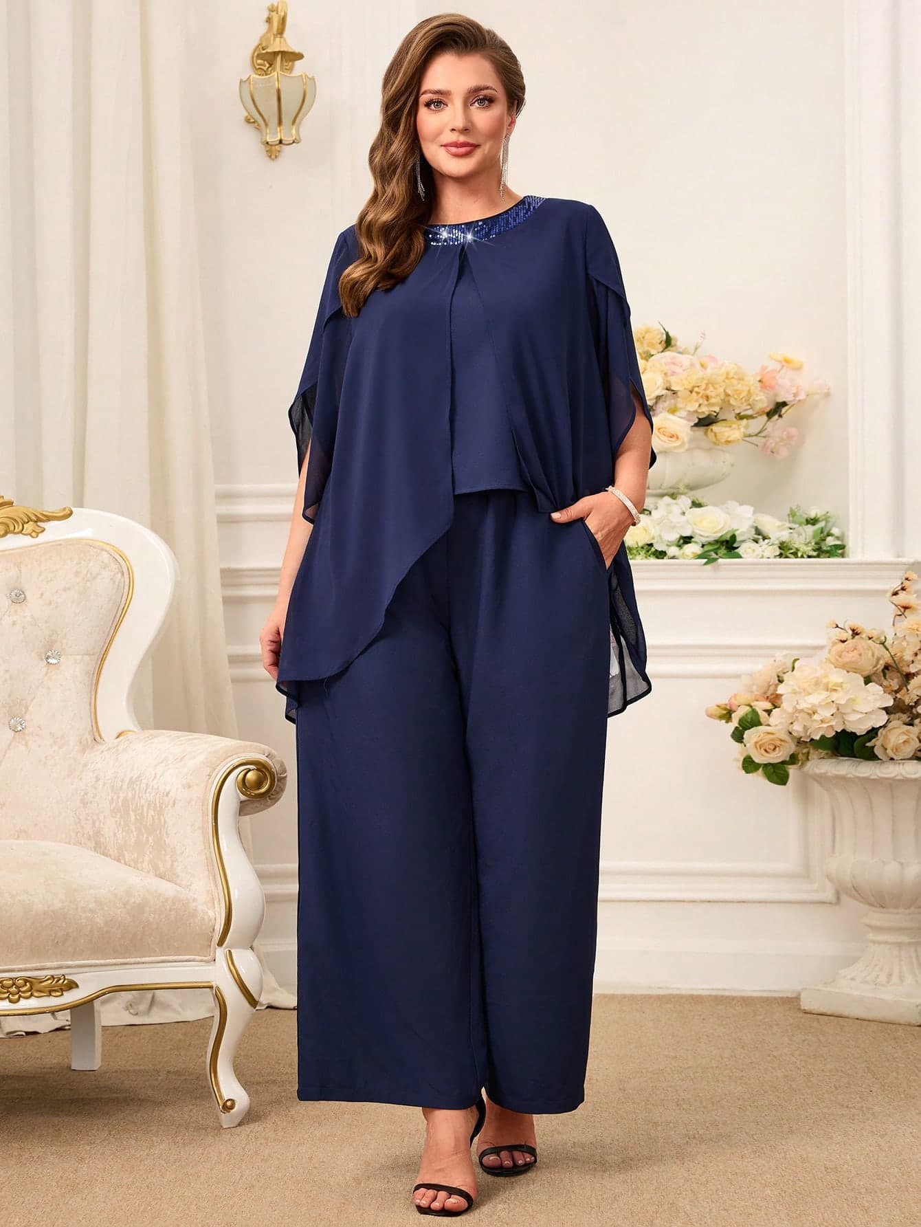 Miaspire Plus Size Women Solid Color Sequin Petal Sleeve Shirt And Wide Leg Pants,2 Pieces Set For Summer,Vacation,Autumn,Elegant,Wedding Navy Blue Jumpsuit