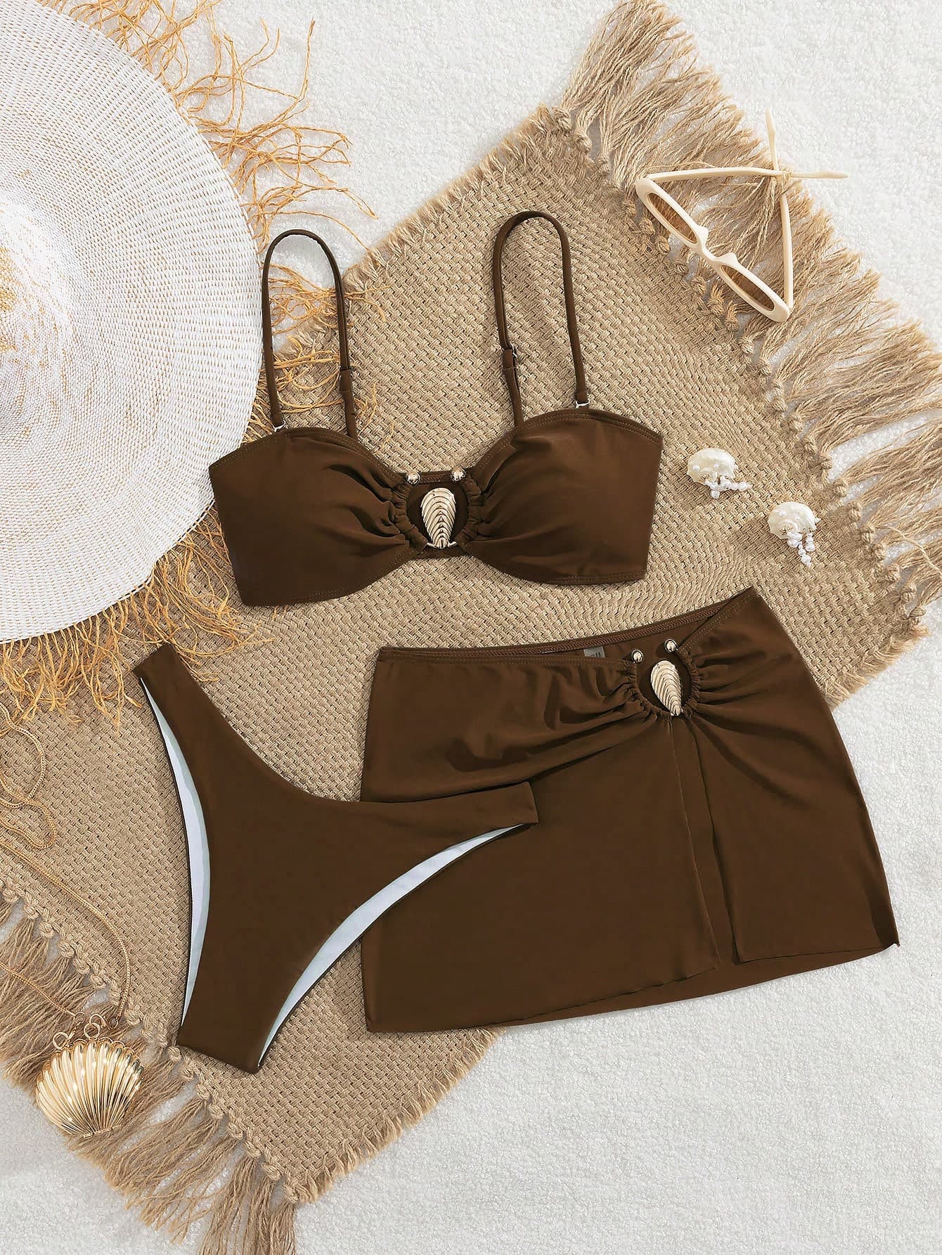 Swim Vcay Women's Plain Ruched Spaghetti Strap Coffee Brown Bikini With Skirt Bottom And Shell Detail