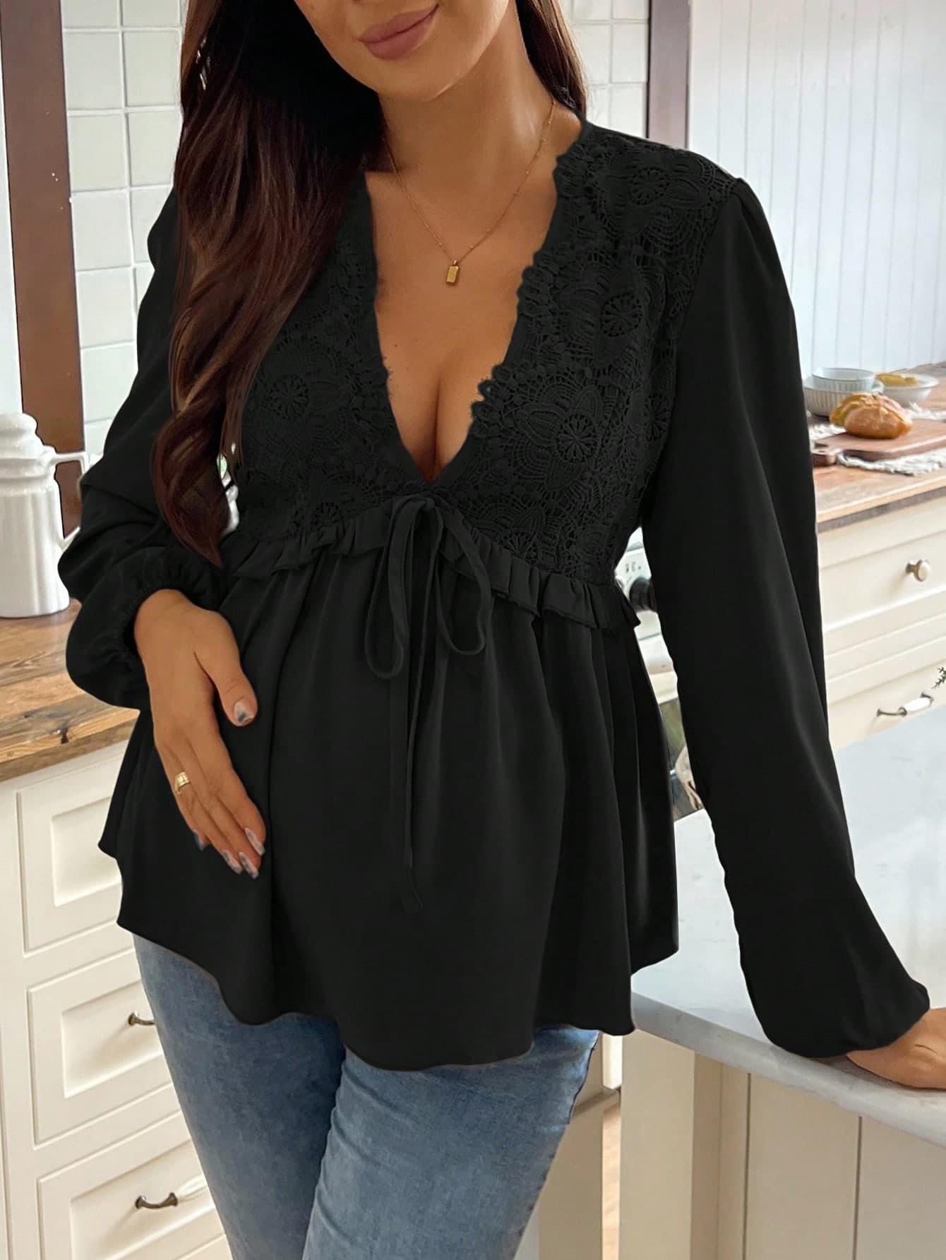 SHEIN Maternity Casual Versatile Solid Color Lace Patchwork Shirt